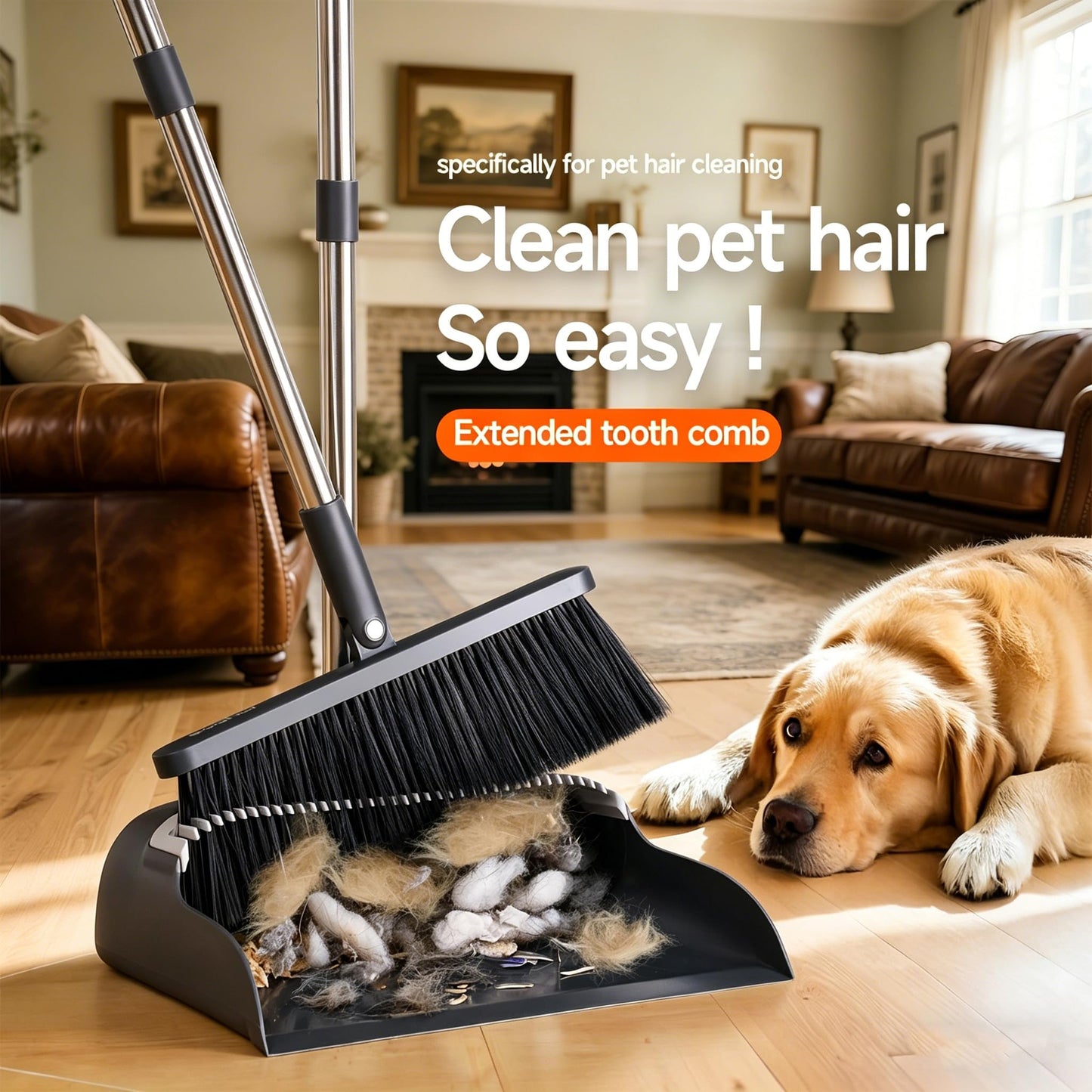 POPMOP Broom and Dustpan Set, 52" Long Handle with Dust Pan Teeth, Black