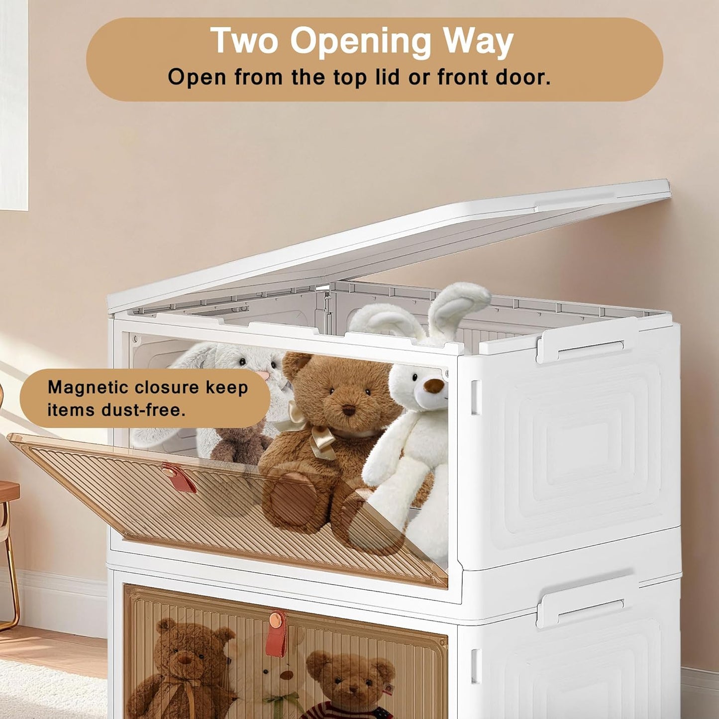 VECELO 4 Tier Storage Bins with Lid, Stackable Storage Boxes with Magnetic Doors & Wheels, Foldable Storage Containers, 23 QT Closet Organizers and Storage for Living Room, Office, Dorm