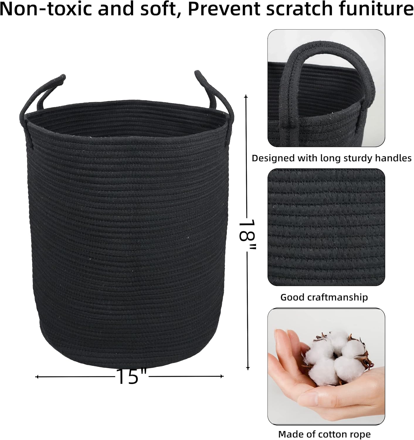 Black Cotton Rope Laundry Basket Hamper for Clothes Woven Storage Basket for Living Room Bedroom Boho Tall Rope Baskets for Blanket Toys Pillow Towels Baby Nursery Hamper Bin Large