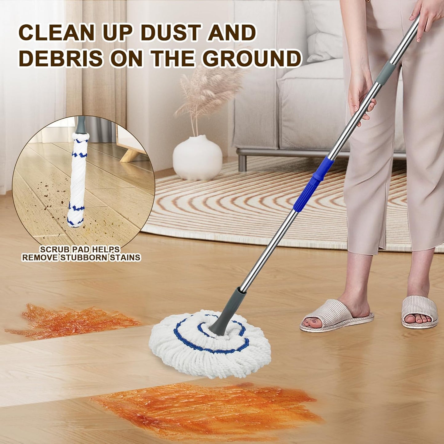 Self Wringing Floor Cleaner with 52.5 Inch Long Handle, Heavy Duty Wet Mop for Hardwood, Tile, Vinyl, Laminate Floors (White)