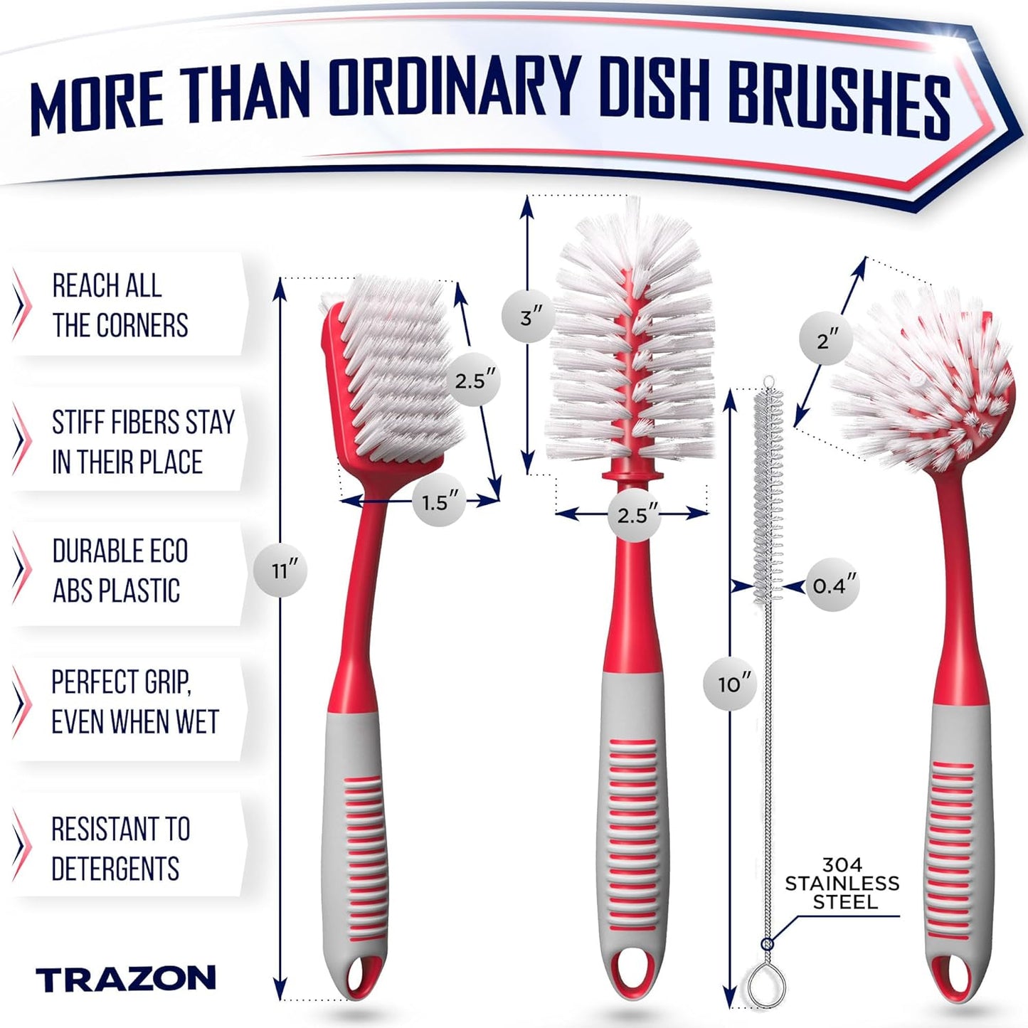 Dish Brush Set of 4 - Kitchen Scrub Brushes with Non-Slip Long Handle for Cleaning, Scrubber, Dishwashing, Dishes, Bottles, Straws, Cups, Pots & Sink, Red