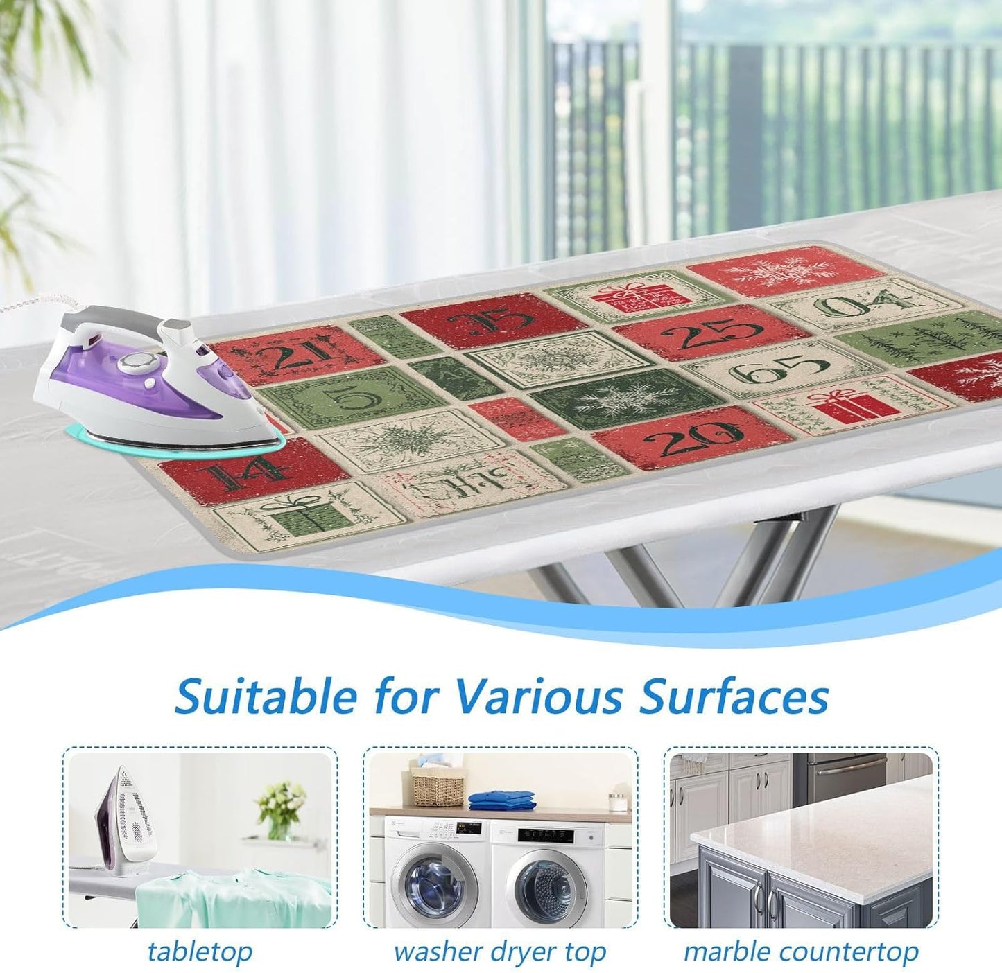 Ironing Mat Portable Ironing Pad Ironing Blanket for Table Top Heat Resistance Double-Side Using Travel Large 47.2 x 27.6 Inch Foldable Lightweight Christmas Snowflake Calendar Beige