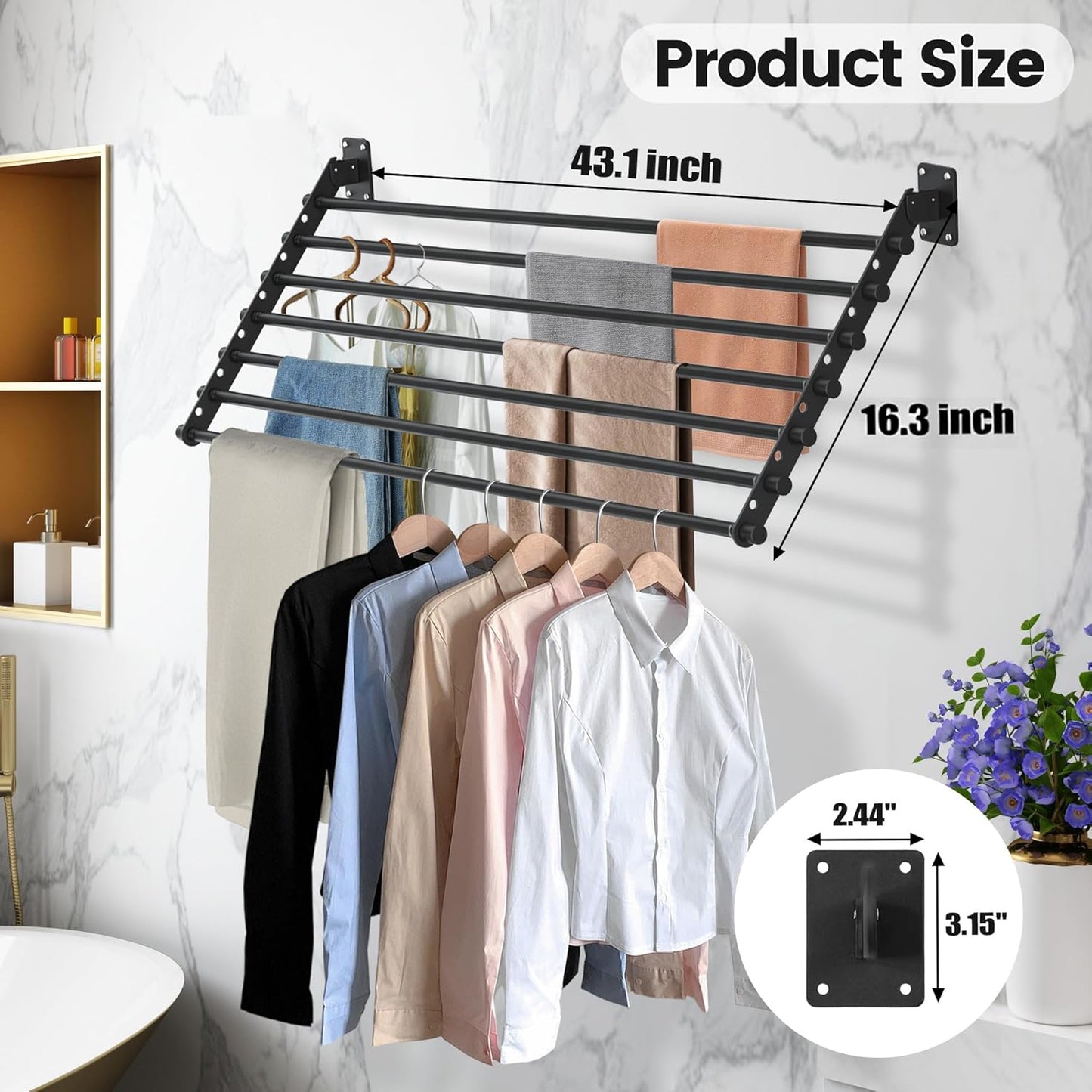 Wall Mounted Clothes Drying Rack 43 Inch – Foldable Laundry Drying Rack for Wall Mount, Space Saving Indoor Drying Rack for Clothes, Compact & Sturdy Design