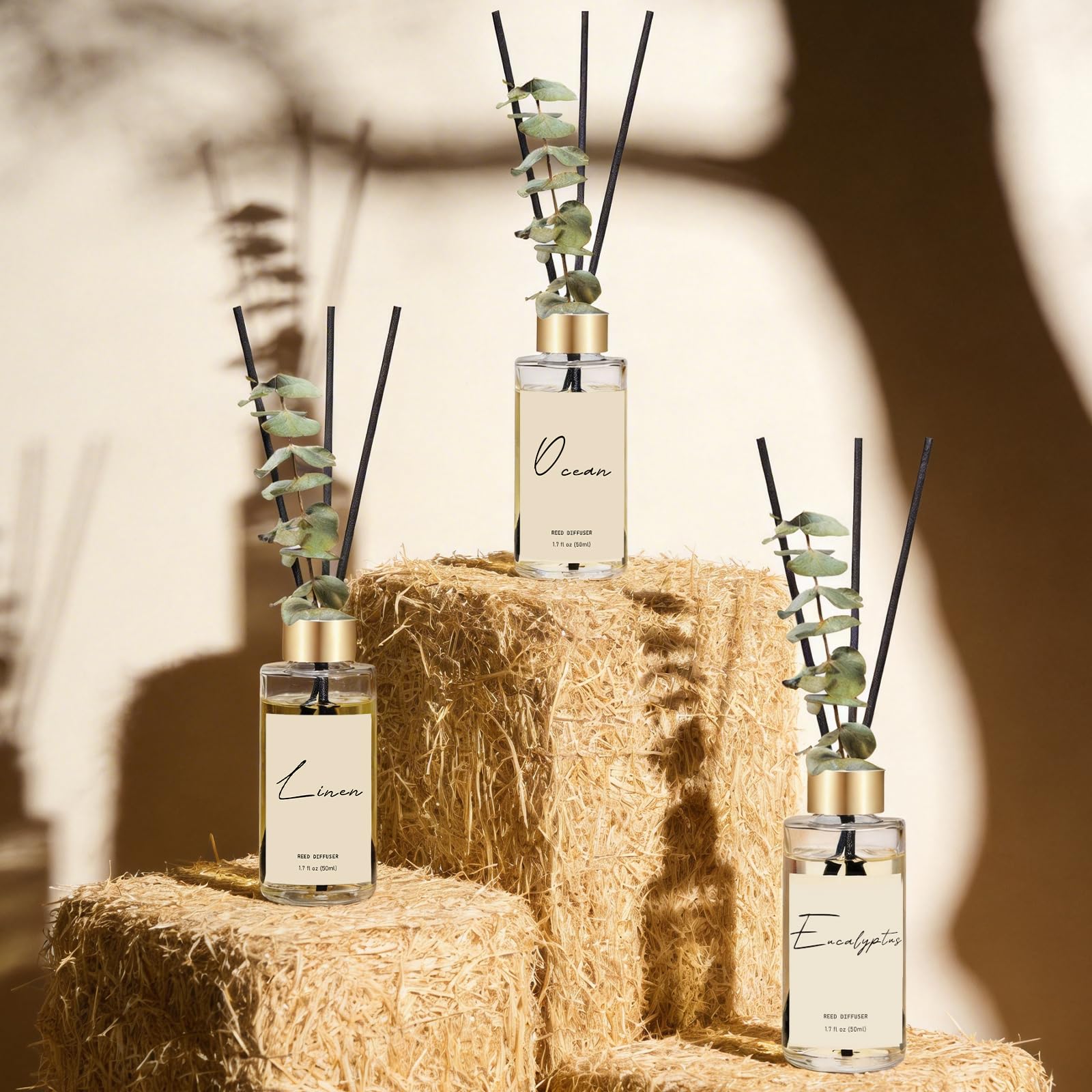 Reed Diffuser Set of 3, Eucalyptus, Linen, Ocean Oil Diffusers with Sticks