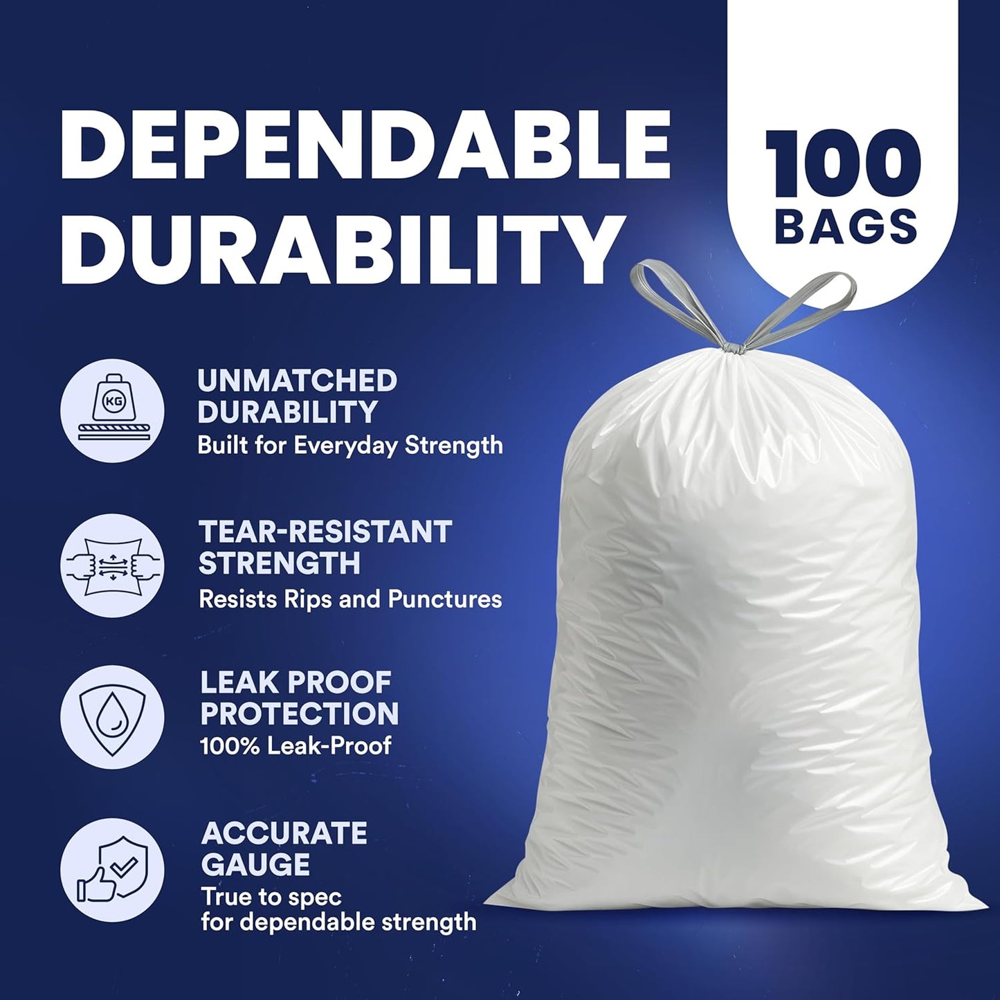 Plasticplace 6 Gallon Trash Bags White Drawstring Garbage Can Liners, 17” x 20”, 100 Count, for Bathroom Kitchen Office Car Small Trash Bags, Leak-Proof & Tear-Resistant