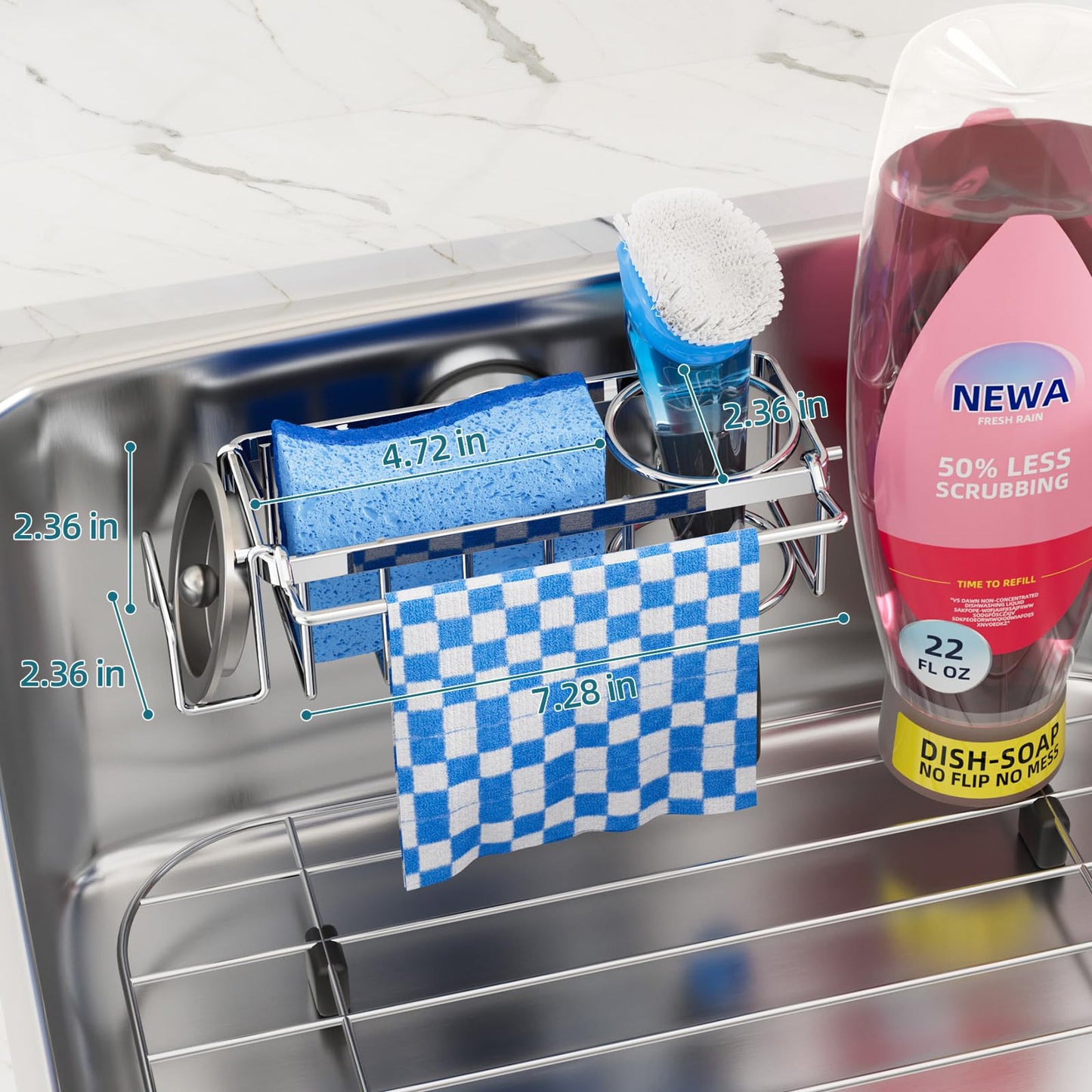 TAILI 4-in-1 Sink Caddy for Kitchen Sink with Strong Suction Cup-Silver