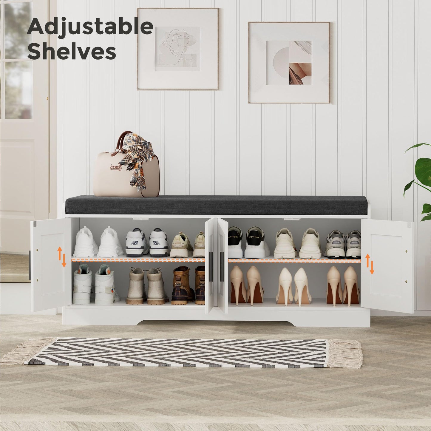 Homleke Shoe Storage Bench, 4 Doors & Thickened Padded Seat Cushion