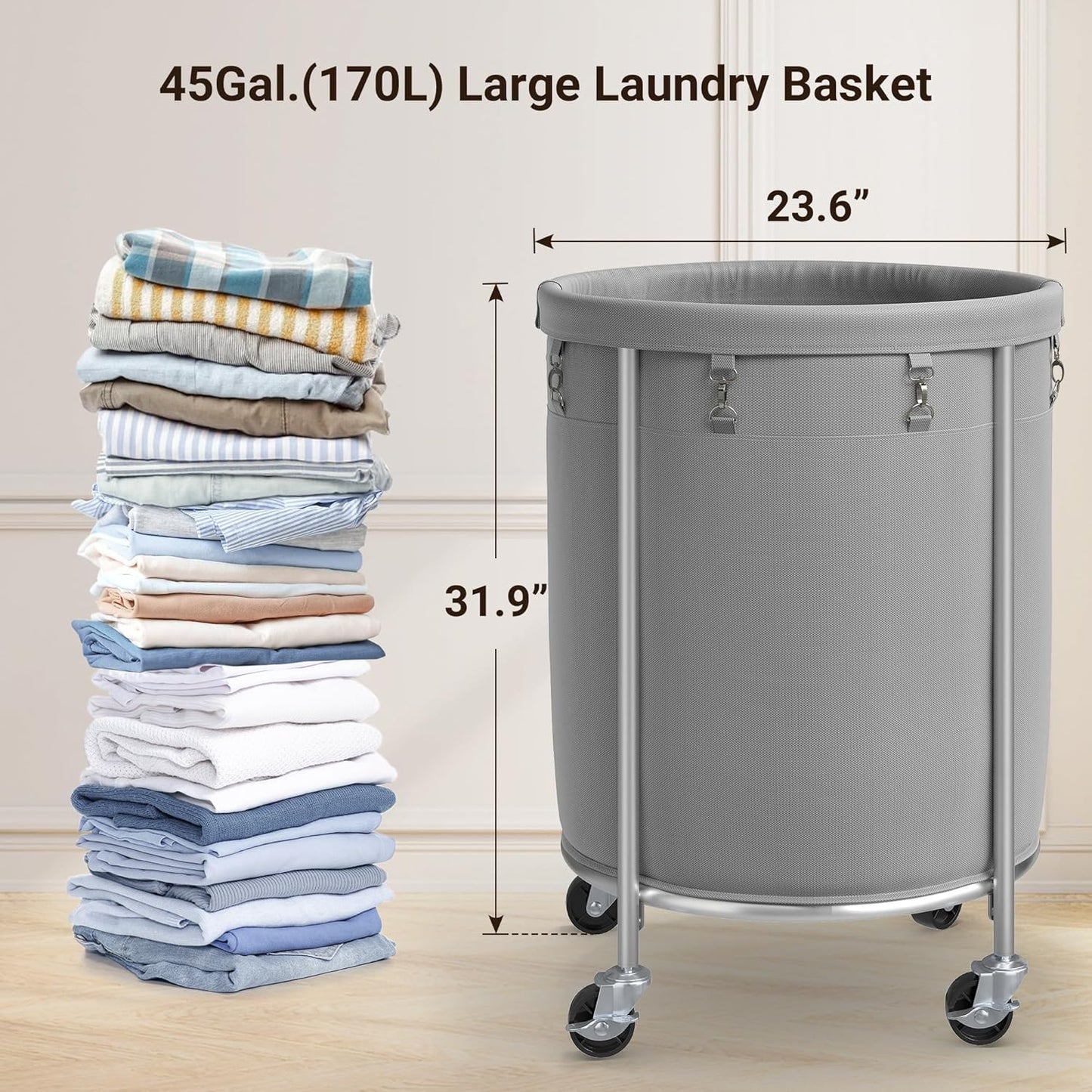 ELYKEN Laundry Basket with Wheels, 45 Gallons Rolling Laundry Hamper with Removable Bag and Steel Frame, Round Laundry Cart with 4 Casters, Ideal for Bedroom, Bathroom, Laundry Room, Gray