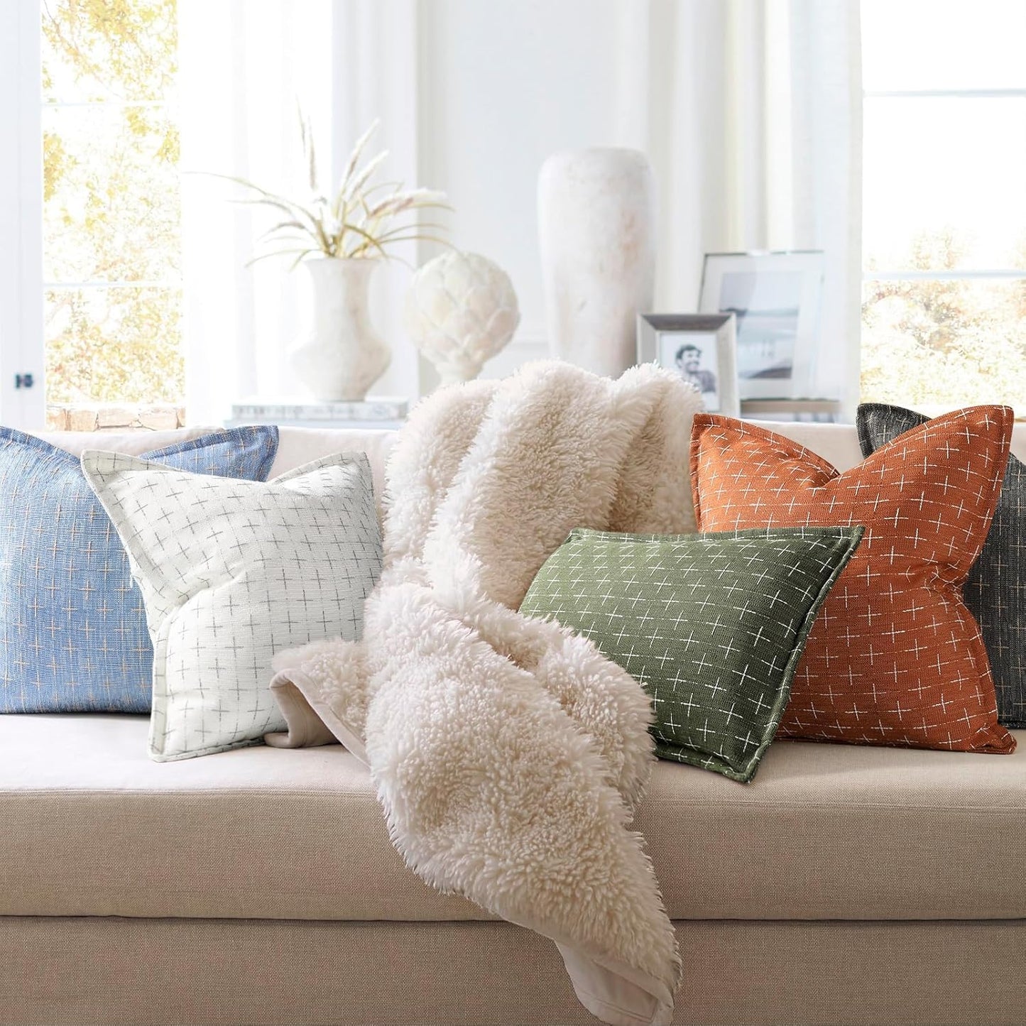 ZWJD 12x20 Pillow Covers Set of 2 Soft Polyester Textured Lumbar Pillow Covers with Stylish Flange Edge Cozy Farmhouse Throw Pillows for Couch Bed Sofa Living Room
