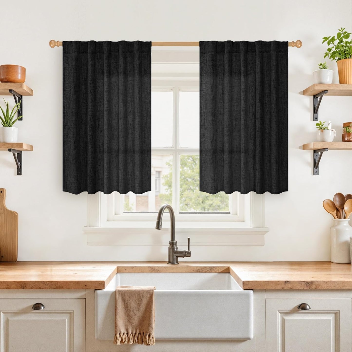 YoungsTex Black Linen Curtains 36 Inch Long for Kitchen 2 Panels, Light Filtering SemI Sheer Drapes Short Length with Back Tab Rod Pocket for Bathroom Cafe Gothic Decorative Privacy, 42 X 36 Inch