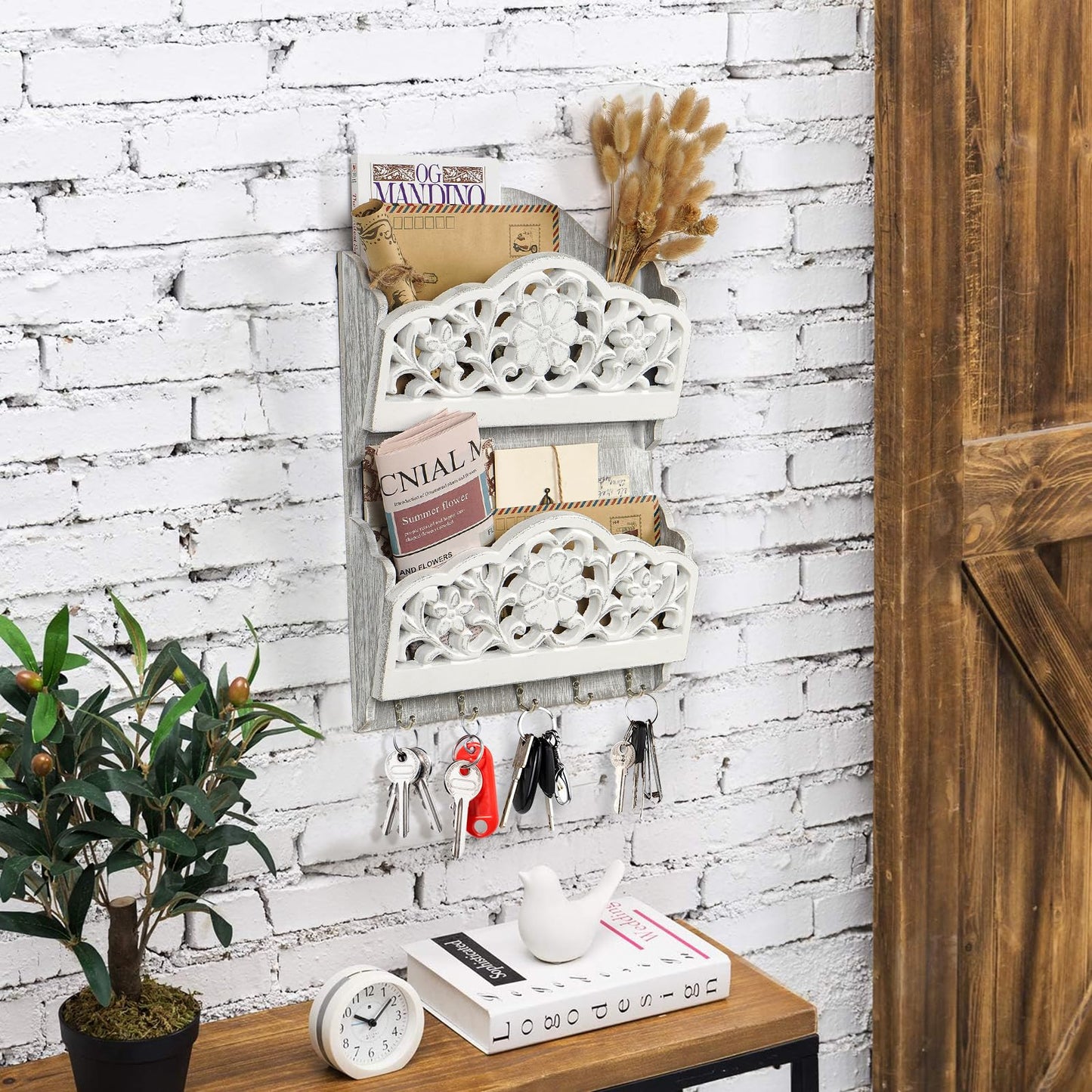 Key and Mail Holder for Wall, 2-Slot Mail Organizer Wall Mount 5 Key Hooks