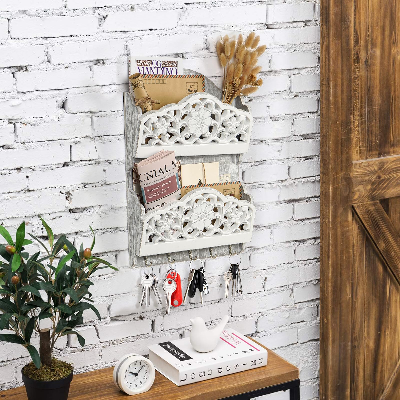 Key and Mail Holder for Wall, 2-Slot Mail Organizer Wall Mount 5 Key Hooks
