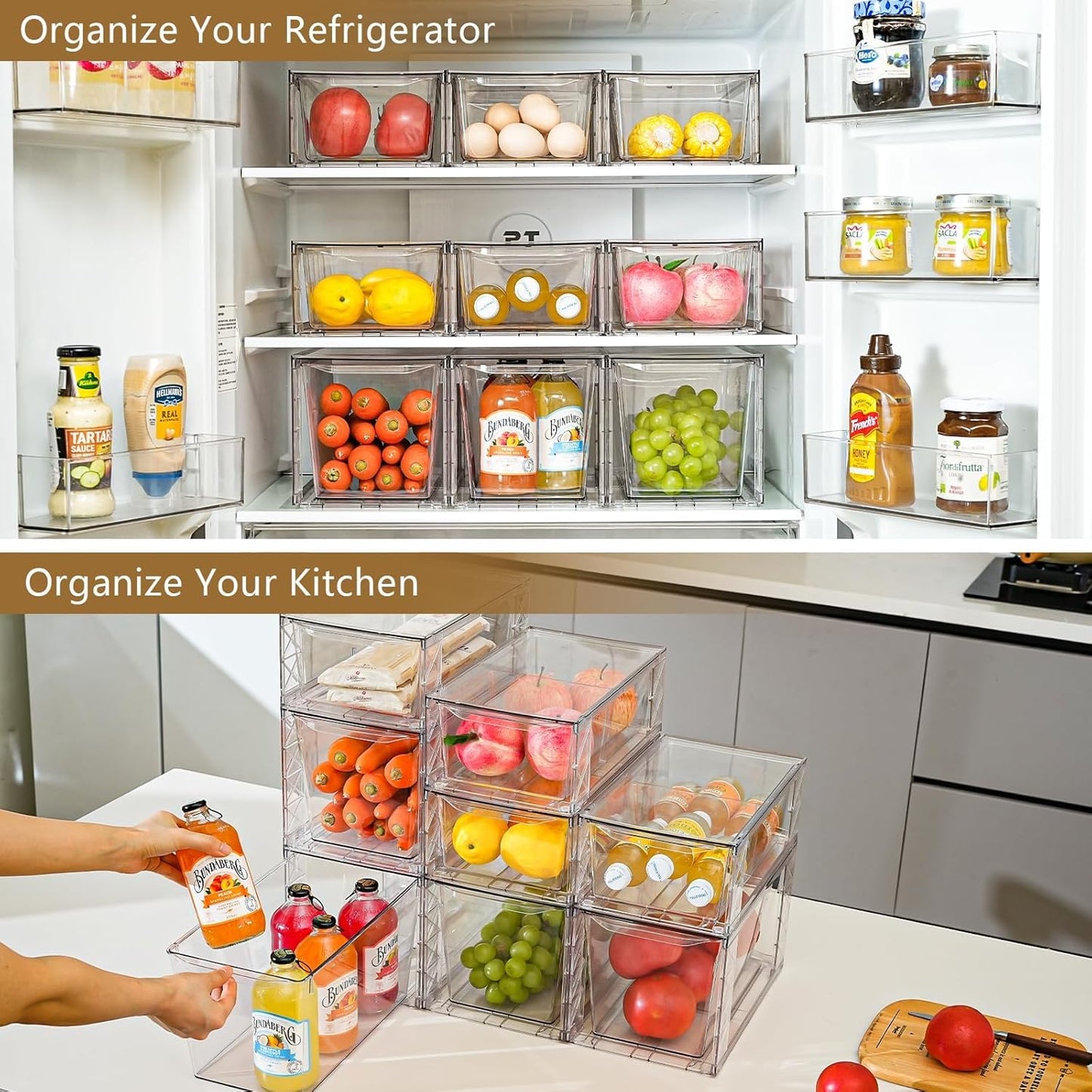 6Pack Stackable Kitchen Storage Organizer, Pantry Organizers and Storage, Clear Foods Organizer Bins with Handles, Easily Assemble for Bathroom, Kitchen, Pantry, Cabinet, Closet