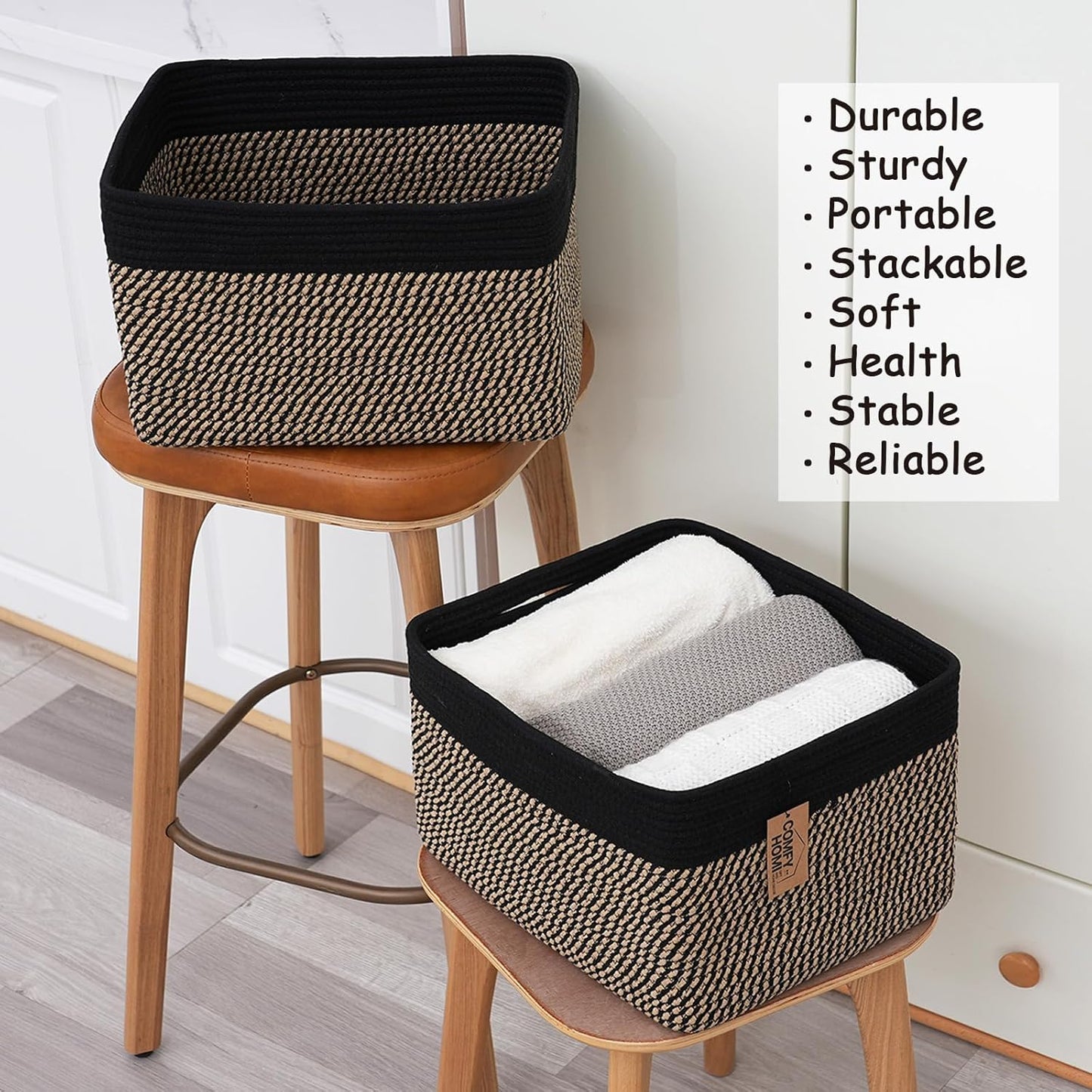 COMFY-HOMI 3PACK Cotton Rope Square Basket with Handles for Shelves|Dog Toy Bin and Storage|Baby Gift|Shoe Organizer|New 13.5" x 11" x 9.5" for Living Room (Black/Jute)
