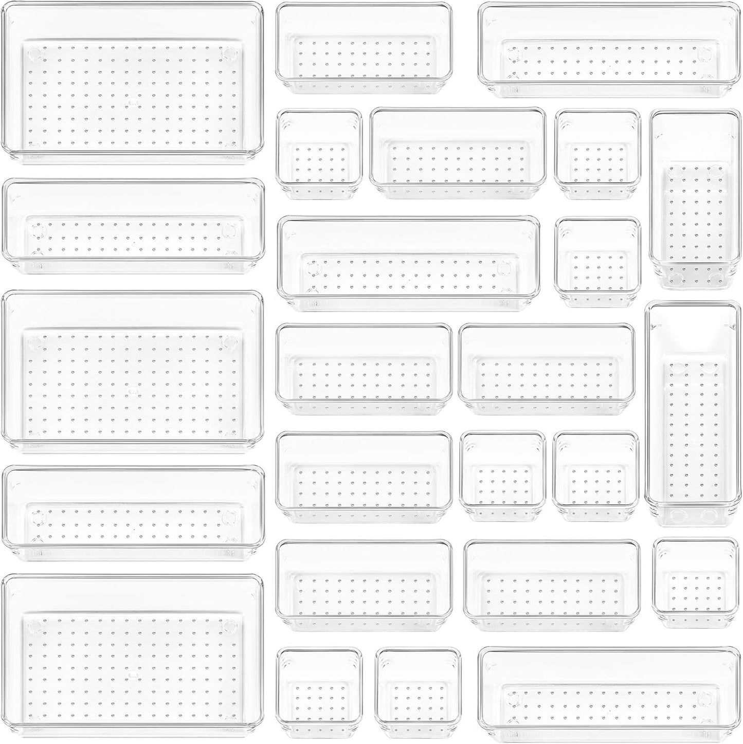 Vtopmart 25 PCS Clear Plastic Drawer Organizers Set, 4-Size Versatile Bathroom and Vanity Drawer Organizer Trays, Storage Bins for Makeup, Bedroom, Kitchen Gadgets Utensils and Office