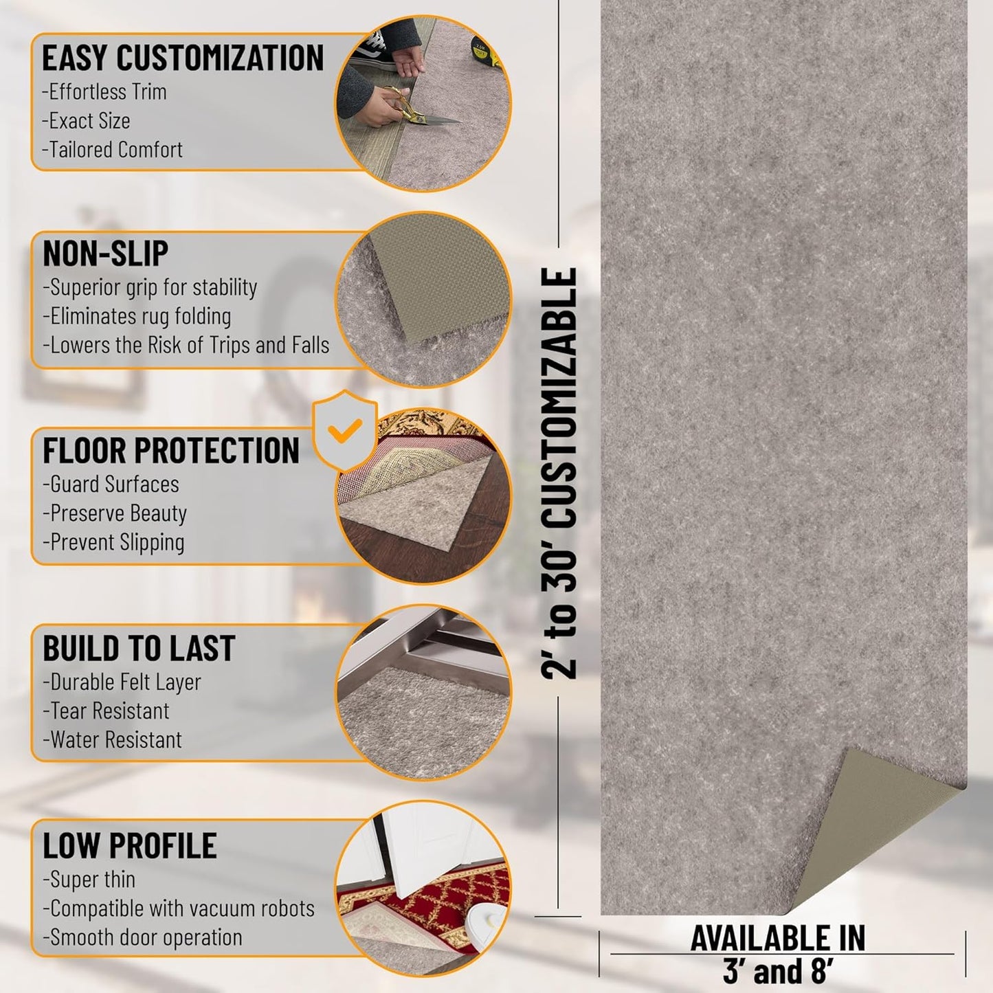 Ottomanson 4' x 8' Non-Slip Rug Pad Gripper 1/4 Inch Thick Dual Surface Felt + Rubber Gripper - Safe for All Floors, Brown