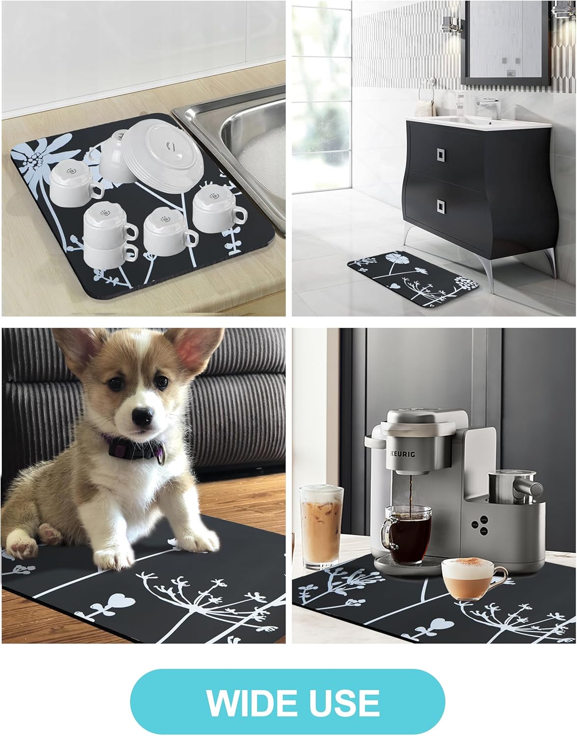 Dish Drying Mat for Kitchen Counter, 12"x19"Dish Drying Pad with Non-slip Rubber Backed, Hide Stain Anti Absorbent for Kitchen Counter, Drying Mat for Coffee Machine Dish Rack (Gray Daisy)