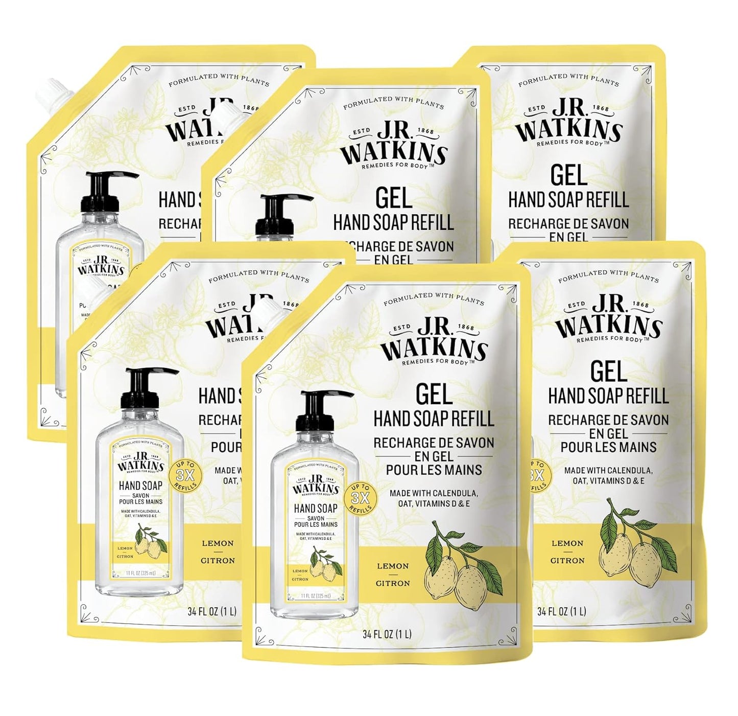 J.R. Watkins Gel Hand Soap Refill Pouch, Scented Liquid Hand Wash for Bathroom or Kitchen, USA Made and Cruelty Free, 34 fl oz, Lemon, 6 Pack