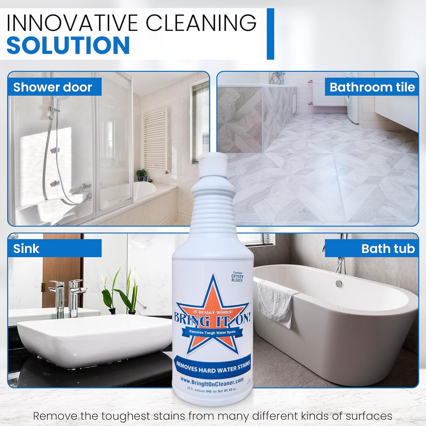 Bring It On Cleaner Hard Water Stain Remover for Glass, Soap Scum remover for Shower glass, Fiberglass, Windows, Tile & Grout, Water Spot Remover for Glass Door Bathroom, Lime Scale & Sink 32Oz 2Pack