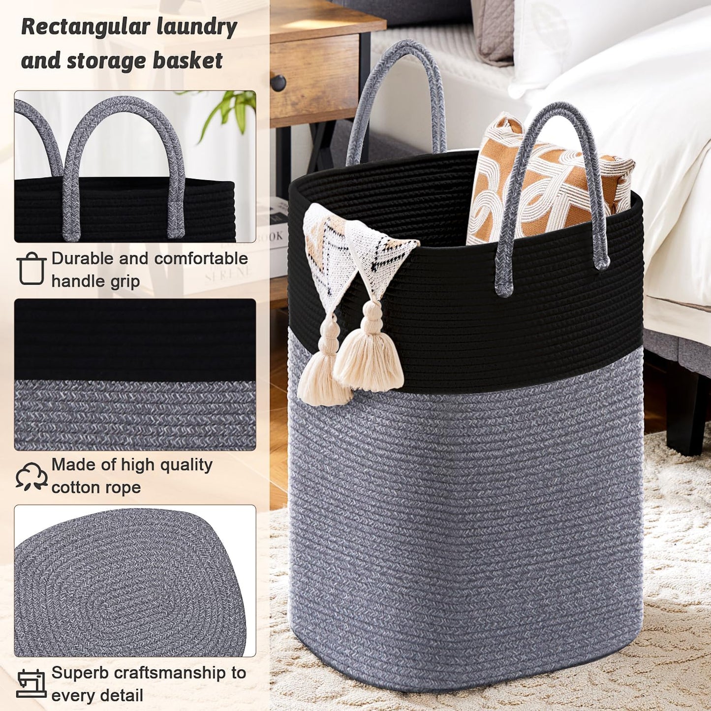 Laundry Basket,Woven Cotton Rope Laundry Hamper,Versatile Storage for Dirty Clothes,Baby Toys,and Blankets in Bathroom, Nursery,and Living Room (Black, 60L)