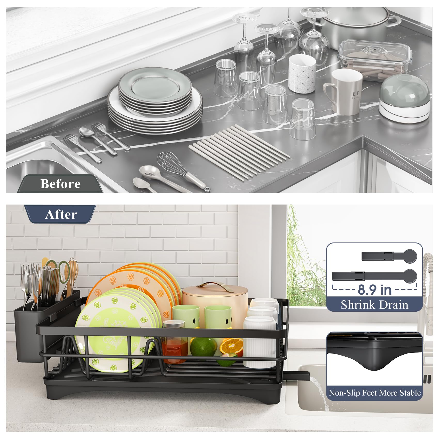 SAYZH Dish Drying Rack for Kitchen Counter with Utensil Holder, Black