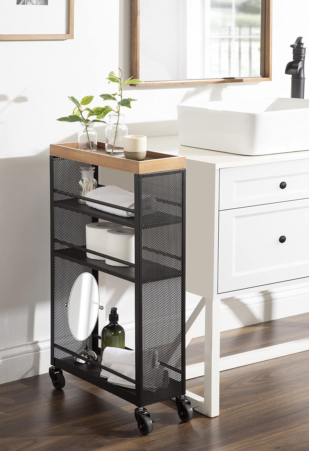 Kate and Laurel Piazza Decorative Slim Storage Cart, 18 x 7 x 30, Natural Wood and Black, Decorative Narrow Rolling Cart with Locking Wheels and Three Storage Shelves for Kitchen or Laundry Room