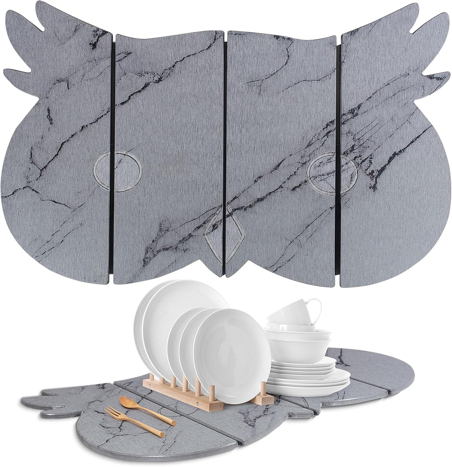 Large Stone Dish Drying Mat for Kitchen Counter,24"(L)×16"(W) Quick Dry Absorbent Diatomaceous Earth Dish Drying Mats,Owl Shape Design Drying Pads for Cups Dishes Bottles (Gray)