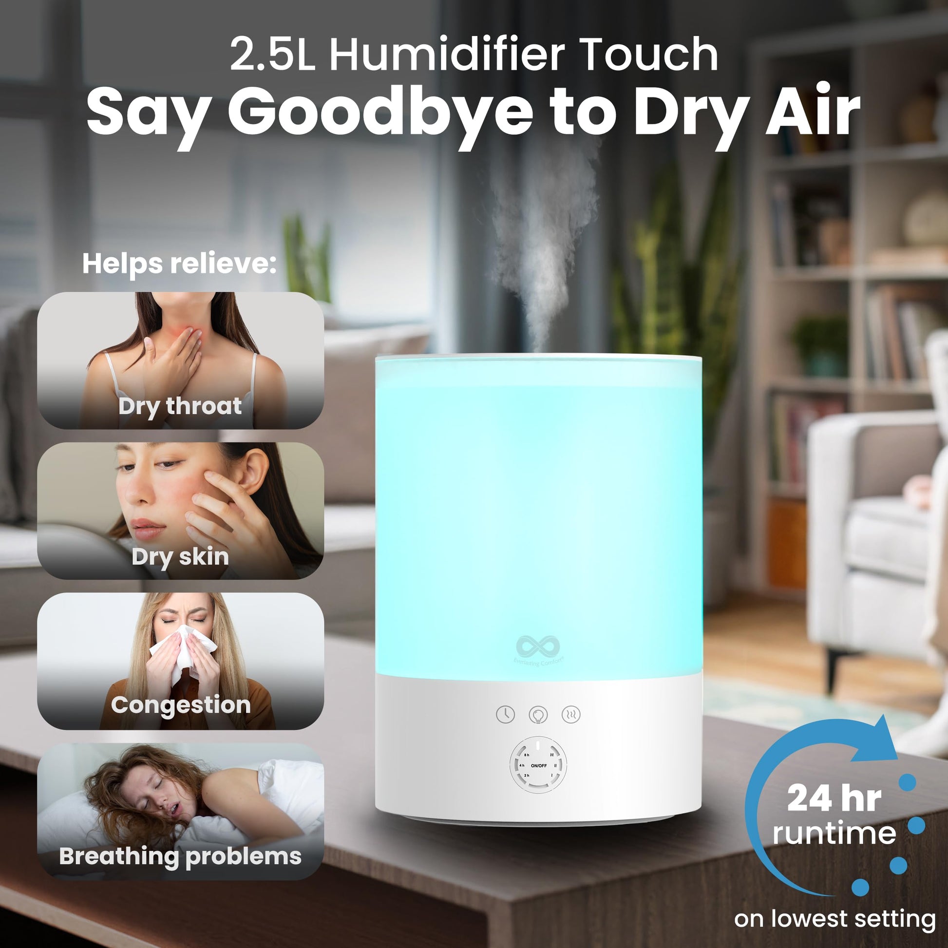 Everlasting Comfort 2.5L Top Fill Humidifier for Bedroom – 28dB Ultra-Quiet, Easy to Fill & Clean