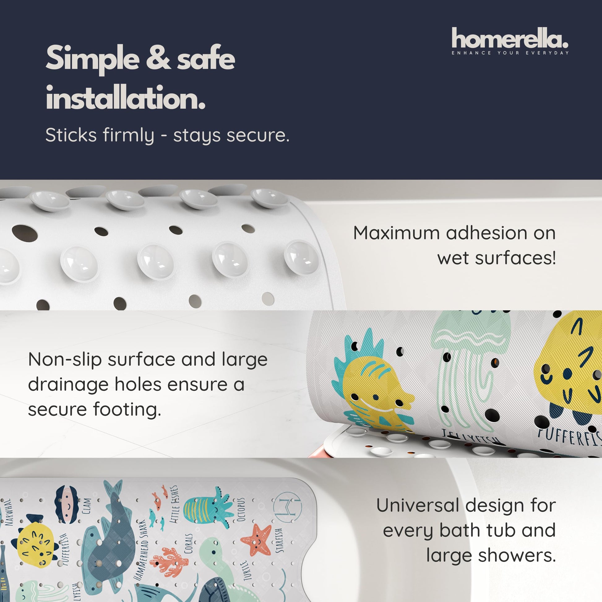 homerella Bathtub Mat Non Slip Kids 40x16 Baby Bath Mat Non Slip Anti Mold