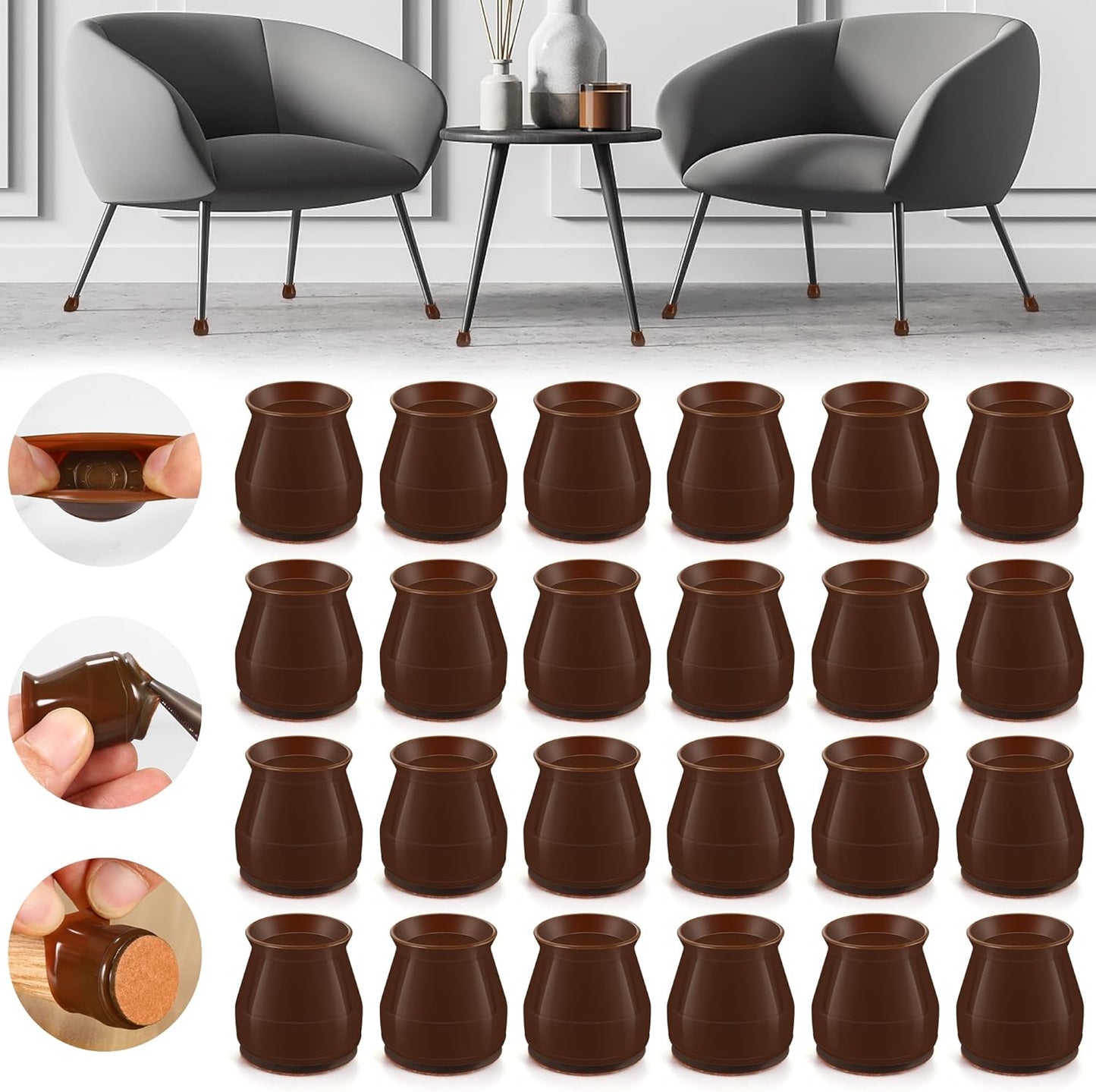 24PCS Upgraded Silicone Chair Leg Floor Protectors for Hardwood Floors, Furniture Sliders for Chair Legs, Felt Bottom Furniture Pads, Anti-Slip Round&Square Cap Covers to Scratch and Reduce Noise