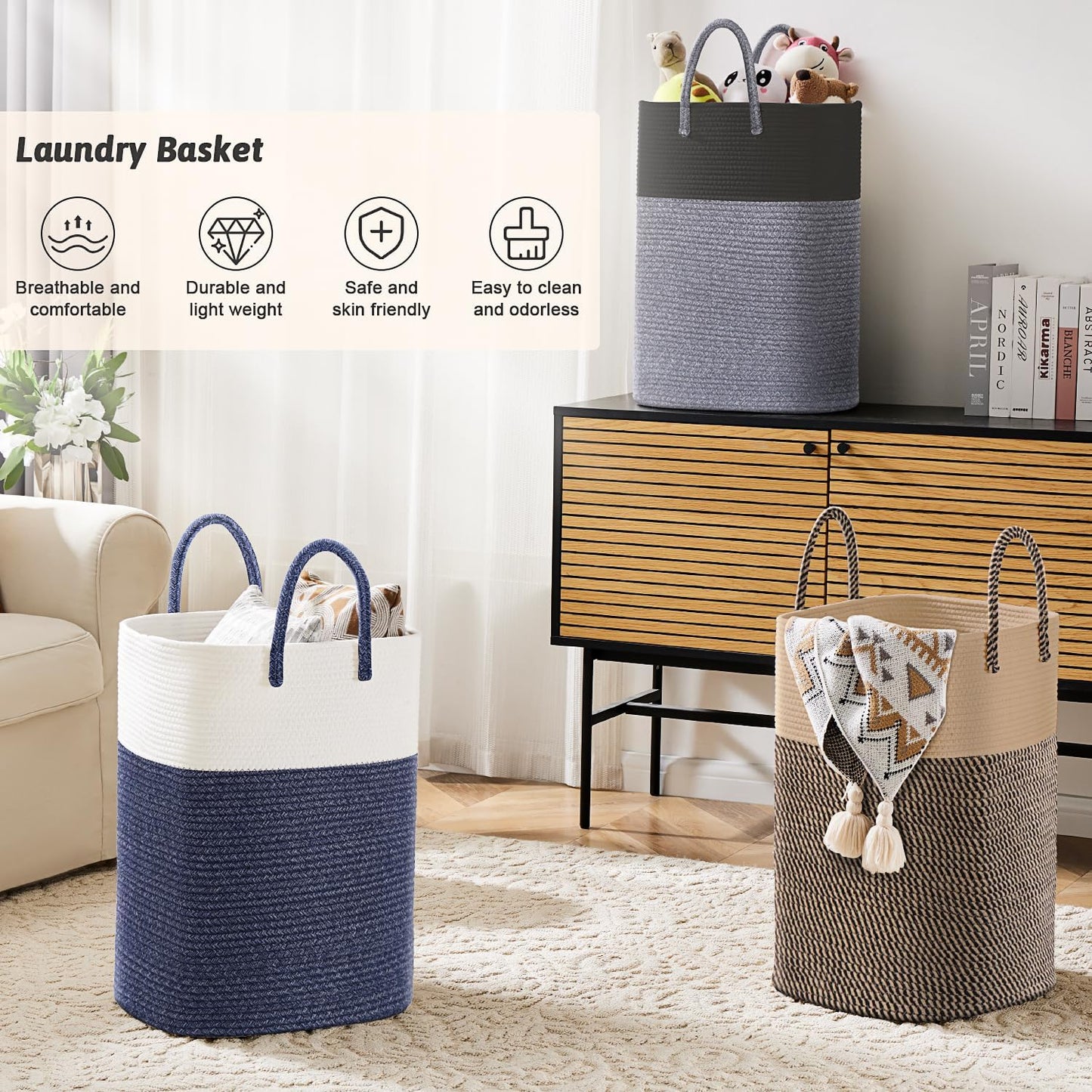 Laundry Basket,Woven Cotton Rope Laundry Hamper,Versatile Storage for Dirty Clothes,Baby Toys,and Blankets in Bathroom, Nursery,and Living Room (Jute, 40L)