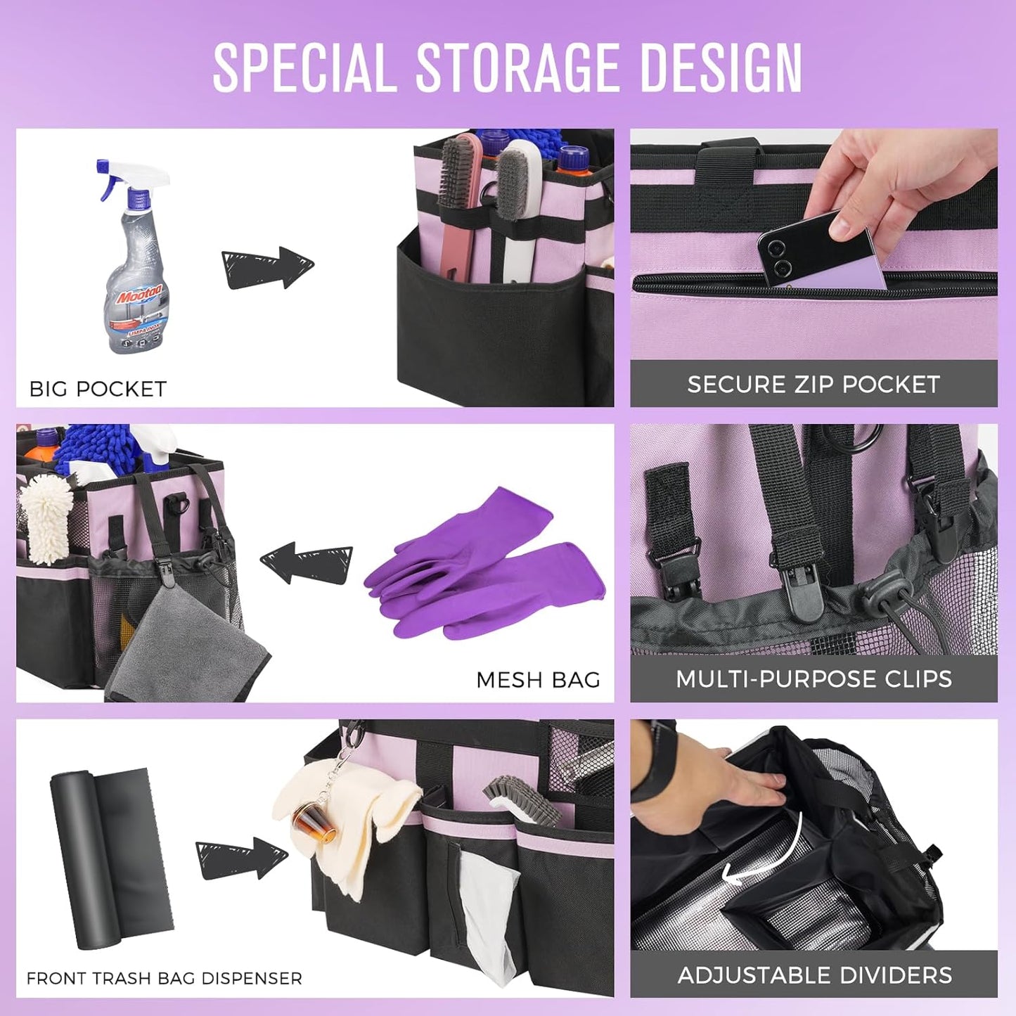Wearable Cleaning Caddy, Cleaning Caddy Supplies Organizer with Handle & Shoulder Straps for Housekeepers, Under Sink & Car Cleaning Tool Organizers Bag with 4 Foldable Divider (Lilac)