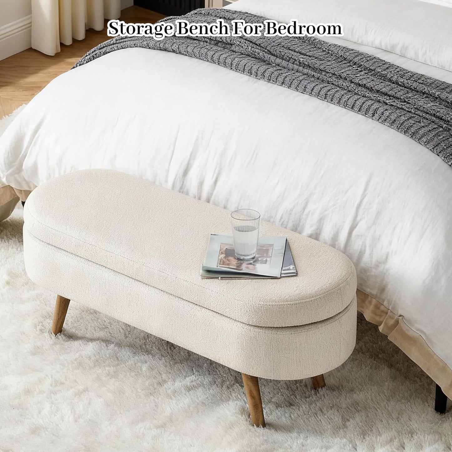 Storage Bench, 43" Storage Ottoman Bench for Bedroom, Upholstered Entryway Benches with Seating, Rubber Wood Legs, Shoe Storages Benches for Bedroom, Living Room, Entryway, Bed Side, Beige