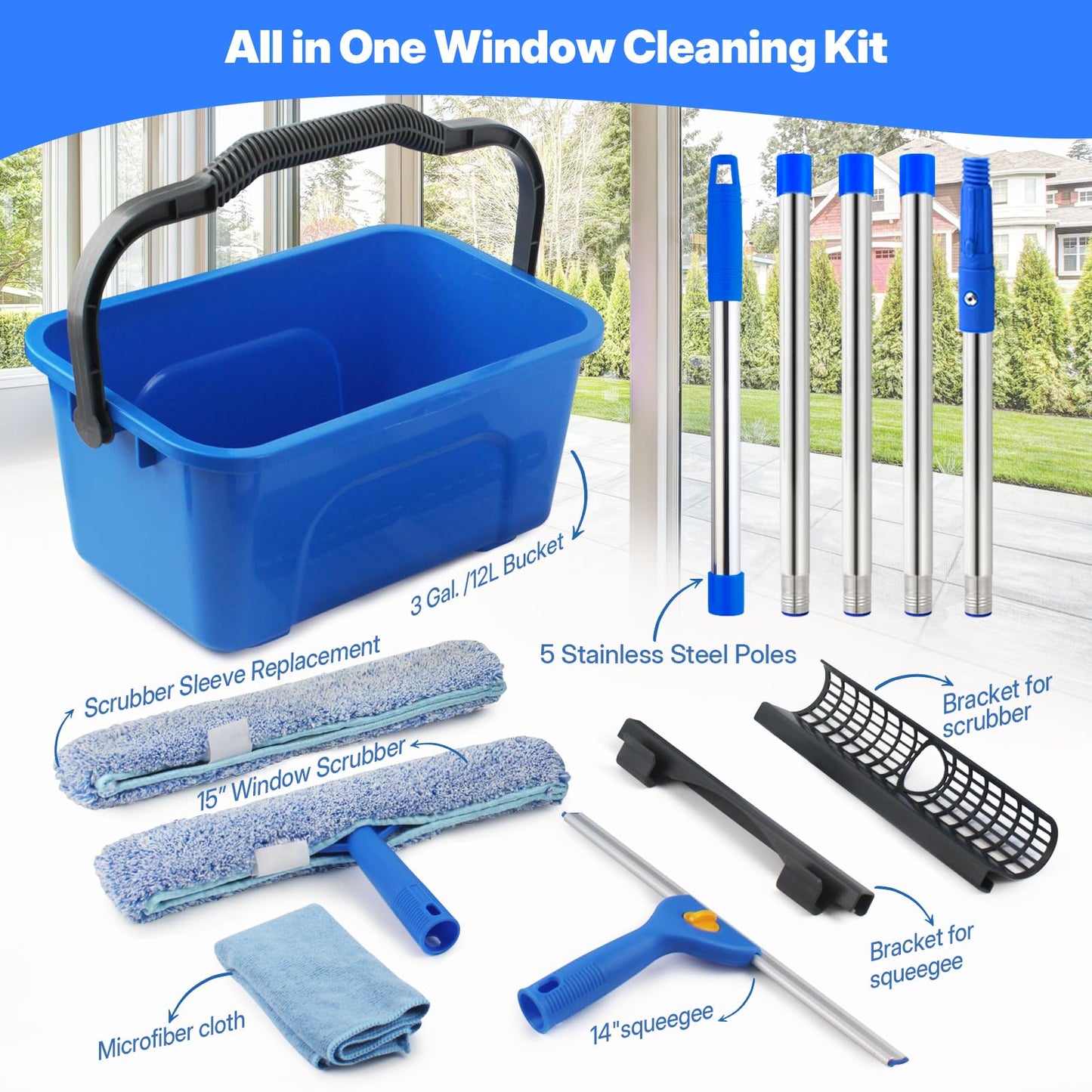 Window Cleaning Kit with Bucket, Squeegee and Scrubber for Home, Commercial