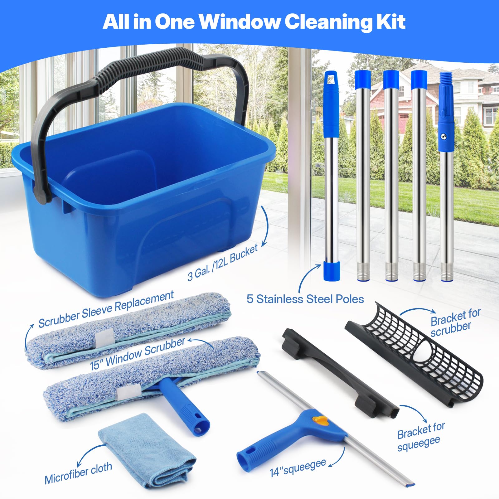 Window Cleaning Kit with Bucket, Squeegee and Scrubber for Home, Commercial