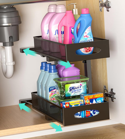 Under Sink Organizer, 1-Pack of 2-Tier Metal Slide Out Pull Out Cabinet Organizer Shelf, Height Adjustable Organization and Storage Series, Bathroom/Desktop/Cabinet/Kitchen organization, Black