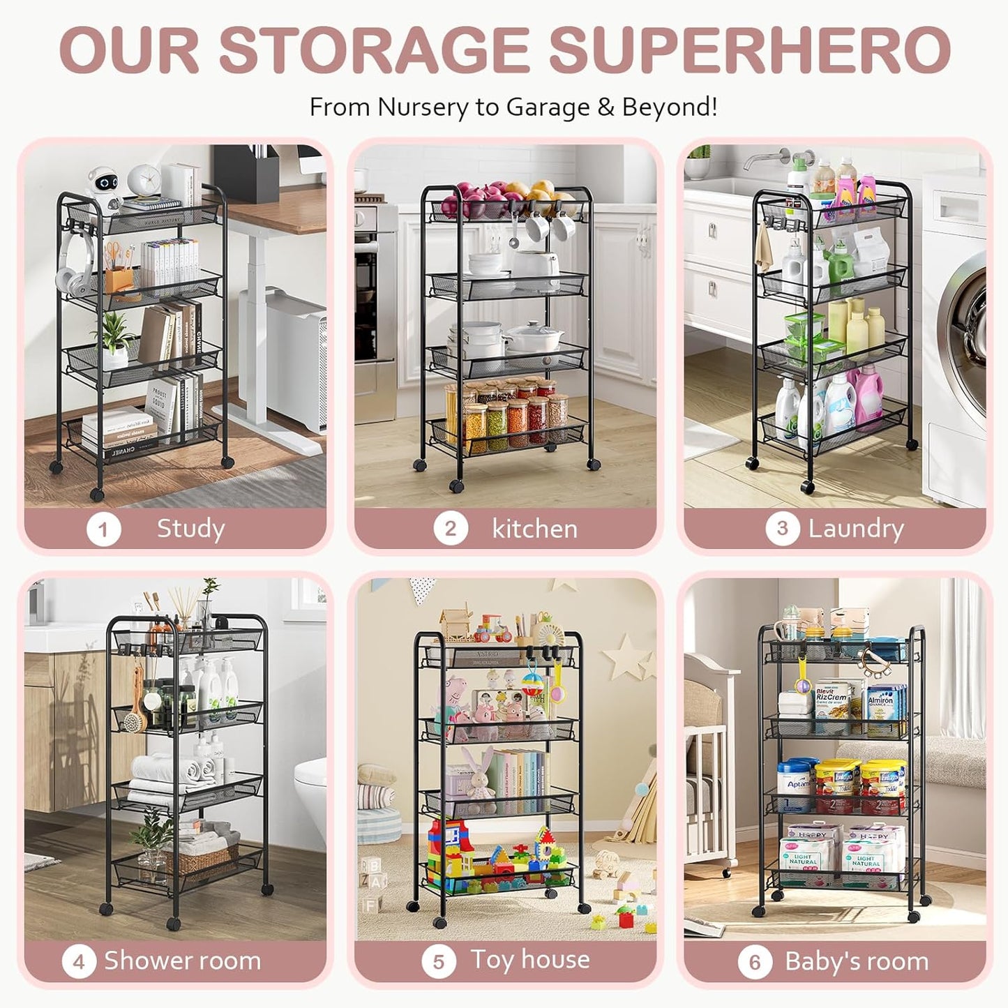 TOOLF 4-Tier Rolling Cart, Metal Utility Cart with 3 Hooks, Easy Assemble Mobile Storage Trolley On Wheels, Metal Shelving Units Kitchen Bathroom Laundry Room