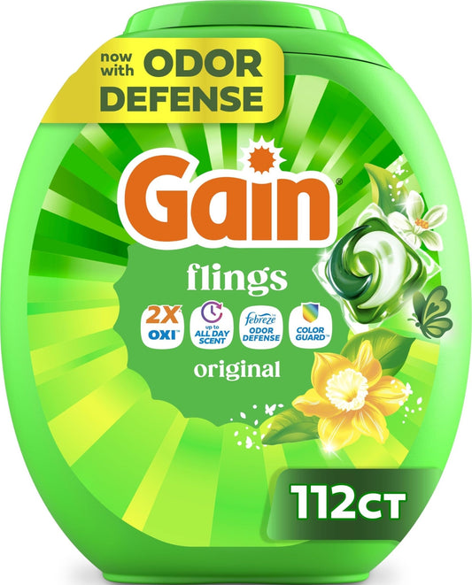 Gain Flings Liquid Washing Detergent Pods, Now with Odor Defense + Color Guard, Original Scent