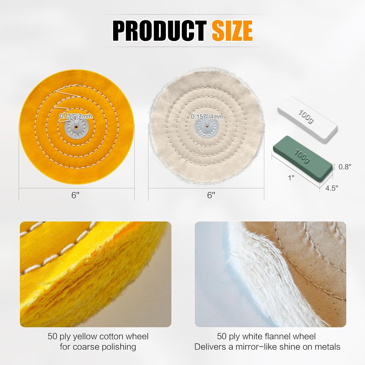 6pcs Buffing Wheel Kit Includes 4pcs 6 Inch Polishing Pads and 2pcs Polishing Compounds, for Bench Grinder for Jewelry, Metal, Wood, Jade, Stainless Steel, Glass, Plastic, Stone Polish