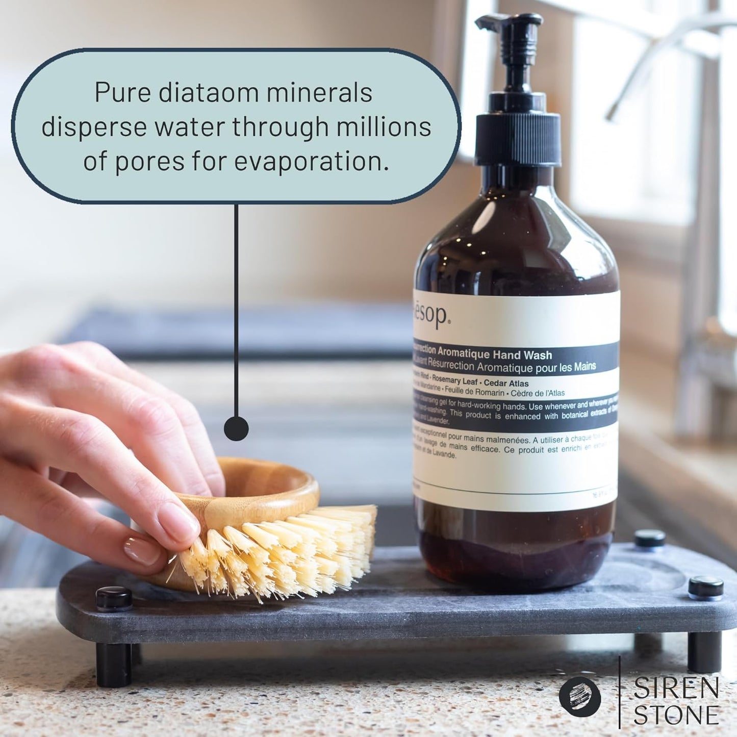 Premium Sink Caddy – Water-Absorbing Diatomaceous Earth Tray for Sink, Elevated Stainless Steel Feet, Non-Toxic, Fast-Drying, Kitchen or Bathroom