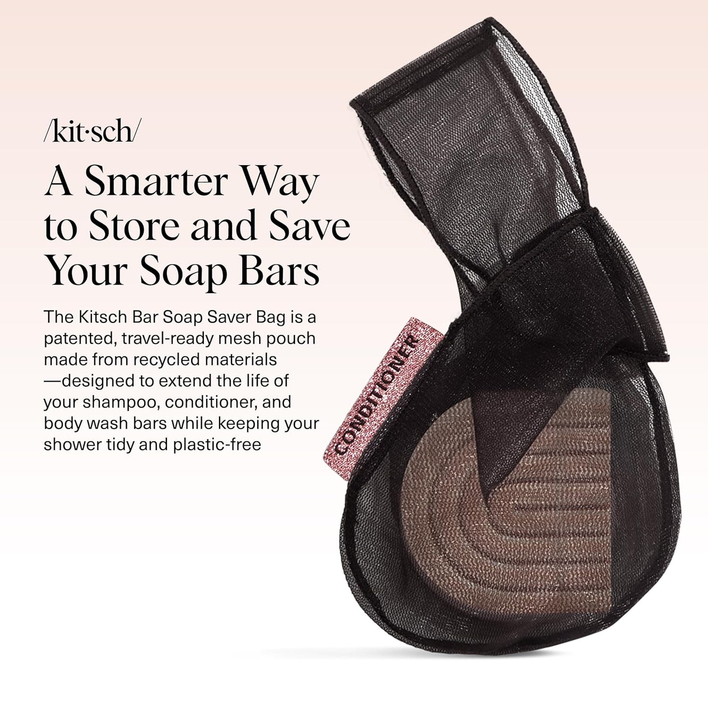 Kitsch Bar Soap Saver Bag – Patented Mesh Bag Soap Holder for Shampoo and Conditioner Bars - Extends Use & Prevents Soggy Mess - Recycled Mesh Beauty Pouch, Eco-Friendly – Black