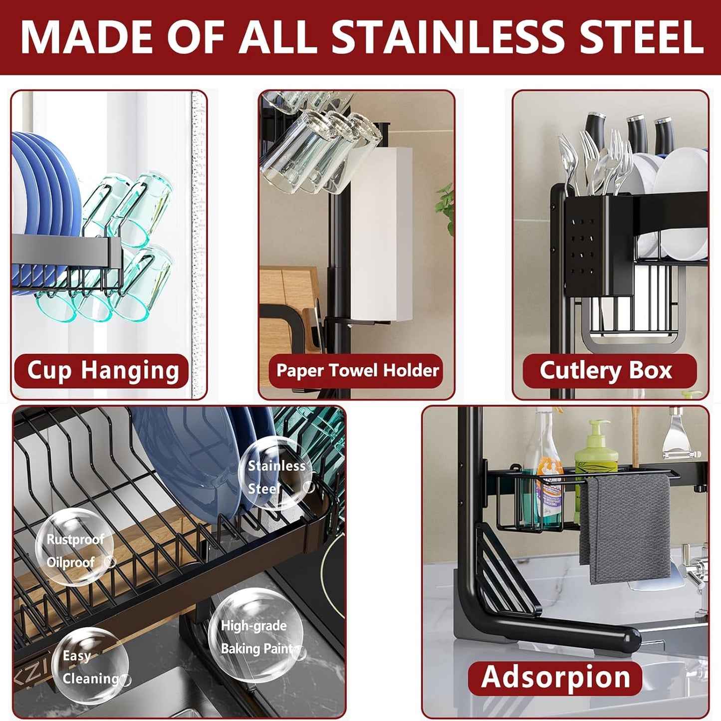 VNKZI Over Sink Dish Drying Rack, 2 Tier Full Stainless Steel Storage Adjustable Length (25.98'' to 36.61'') Kitchen Rack, Multifunctional Expandable Counter Organizer, Space Saver Dish Rack