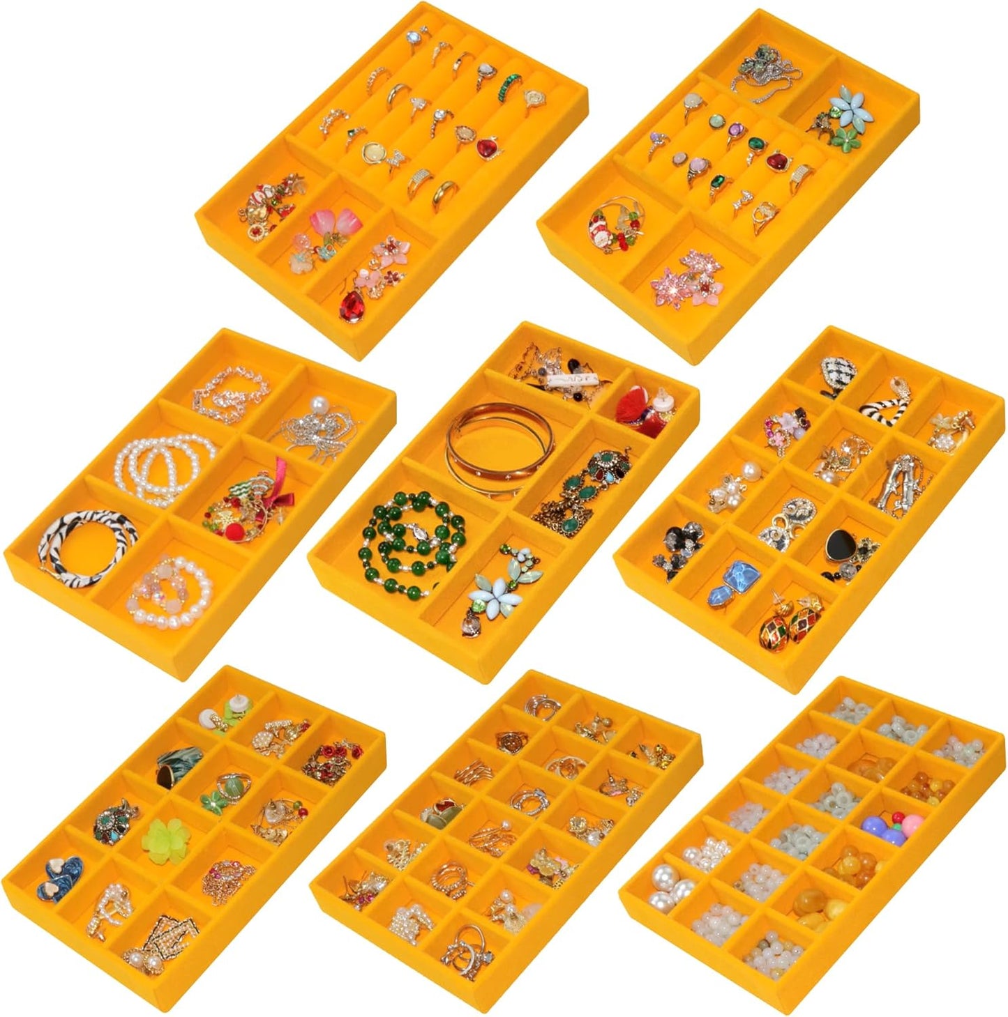 Set of 8 Stackable Velvet Jewelry Trays Organizer Jewelry Display Storage Box Dresser Drawer Organizer for Earring Necklace Bracelet Ring Accessary