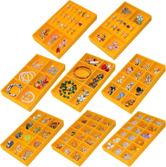 Set of 8 Stackable Velvet Jewelry Trays Organizer Jewelry Display Storage Box Dresser Drawer Organizer for Earring Necklace Bracelet Ring Accessary