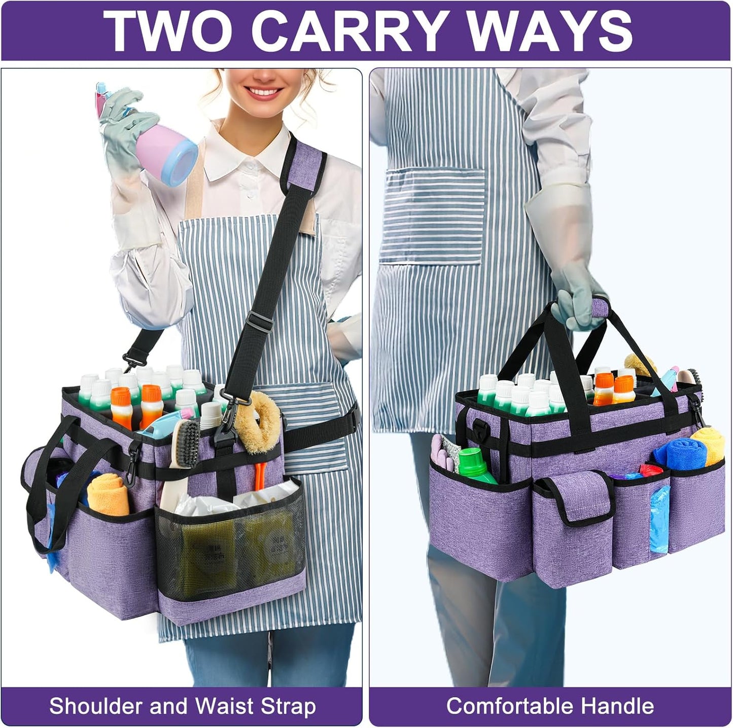 Cleaning Caddy Bag,Large Cleaning Supplies Organizer with Handle for Housekeepers,Purple