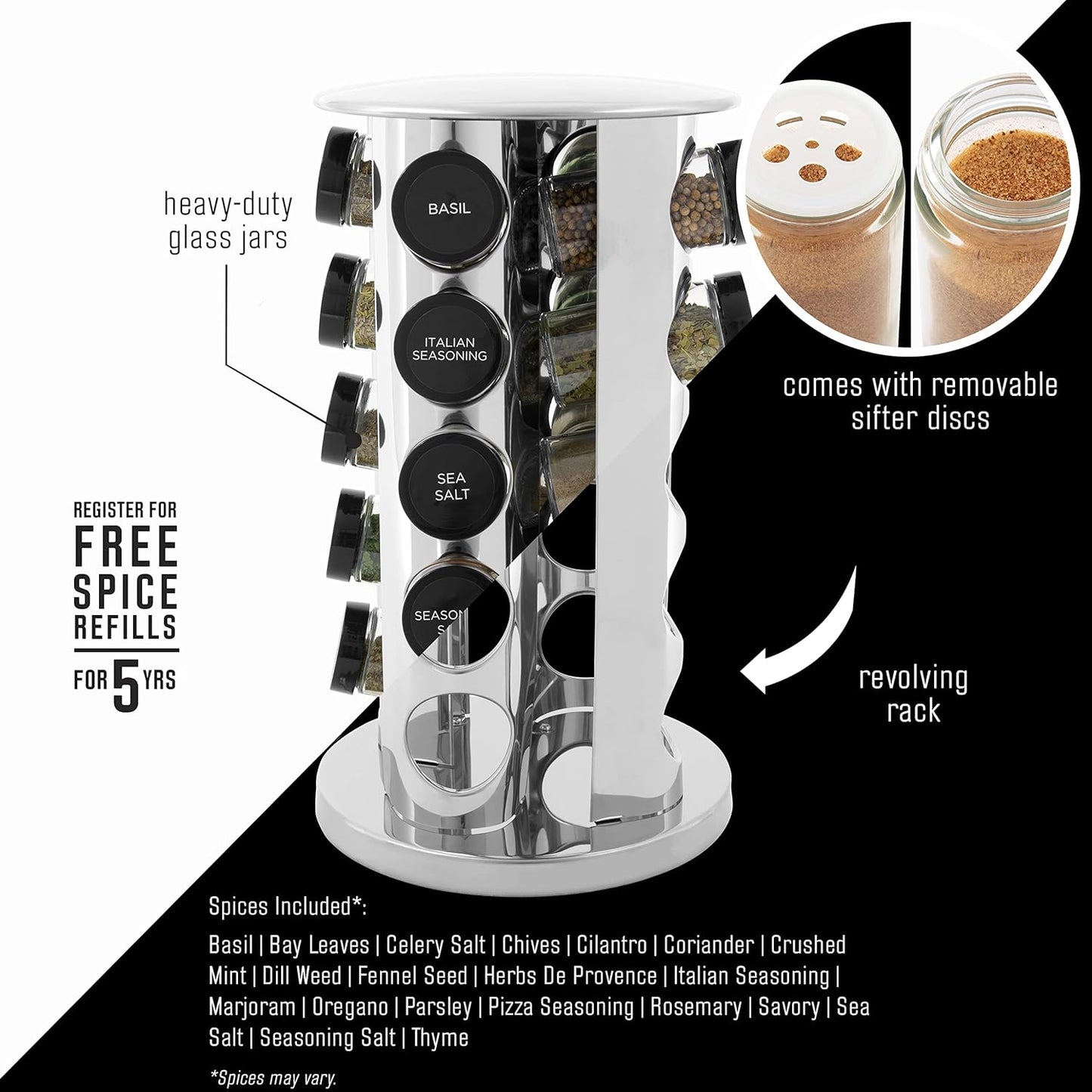 Kamenstein 20 Jar Revolving Countertop Spice Rack with Spices Included, FREE Spice Refills for 5 Years, Polished Stainless Steel with Black Caps, 30020