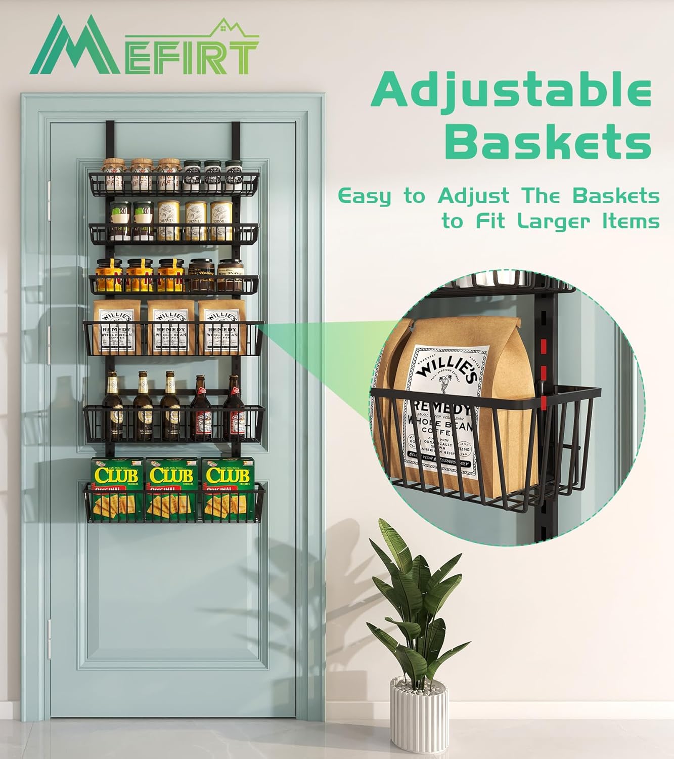 Over The Door Pantry Organizer, Pantry Organization and Storage, 6-Tier Deep Baskets Hanging Heavy-Duty Metal, Wall Spice Rack Seasoning Shelves for Home & Kitchen, Laundry Room Bathroom, Black