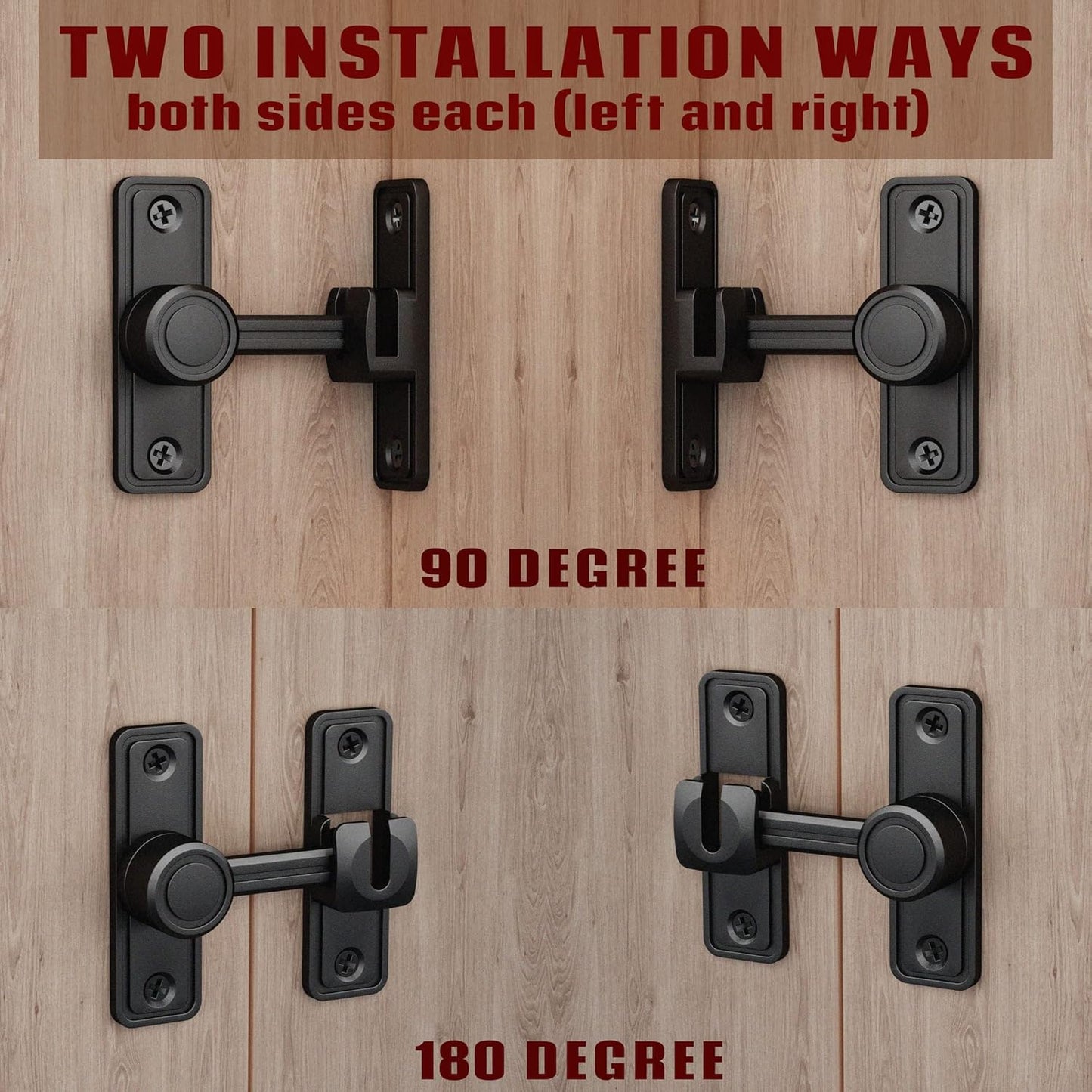 Barn Door Privacy Latch, 90°/180° Swing Slide Lock, Zinc-Alloy, Adhesive or Screw Mount, Interior Use for Bathroom/Bedroom/Closet/Shed, Includes Screws & Glue - Black