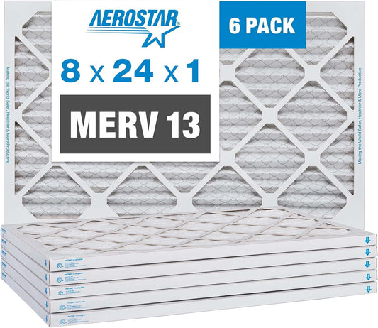 Aerostar 8x24x1 MERV 13 Pleated Air Filter, AC Furnace Air Filter, 6 Pack (Actual Size: 8" x 24" x
