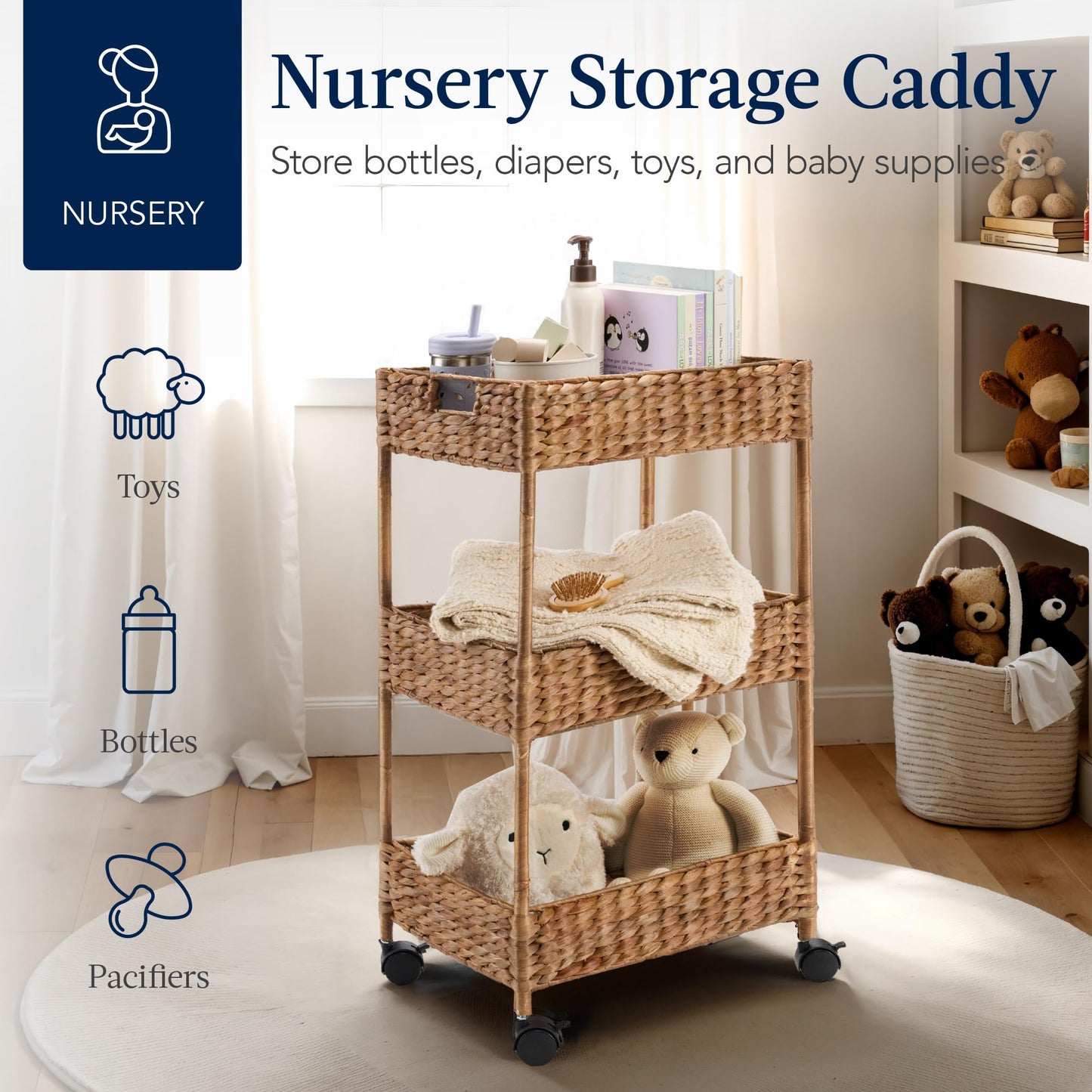Best Choice Products 3-Tier Water Hyacinth Rolling Nursery Caddy w/Wheels, Utility Cart, Storage